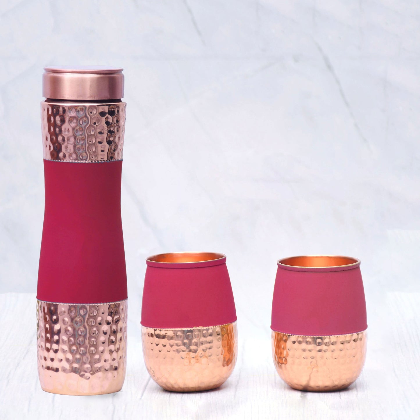 SAMA Homes - pure copper water bottle silk red cherry half hammered with 2 glasses set of 3
