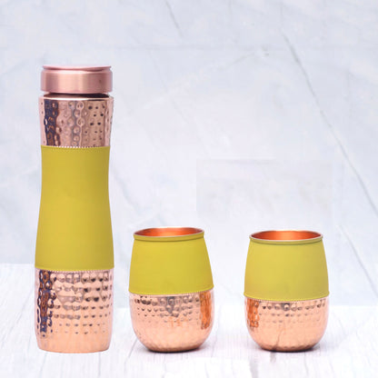 SAMA Homes - pure copper water bottle silk yellow half hammered with 2 glasses set of 3