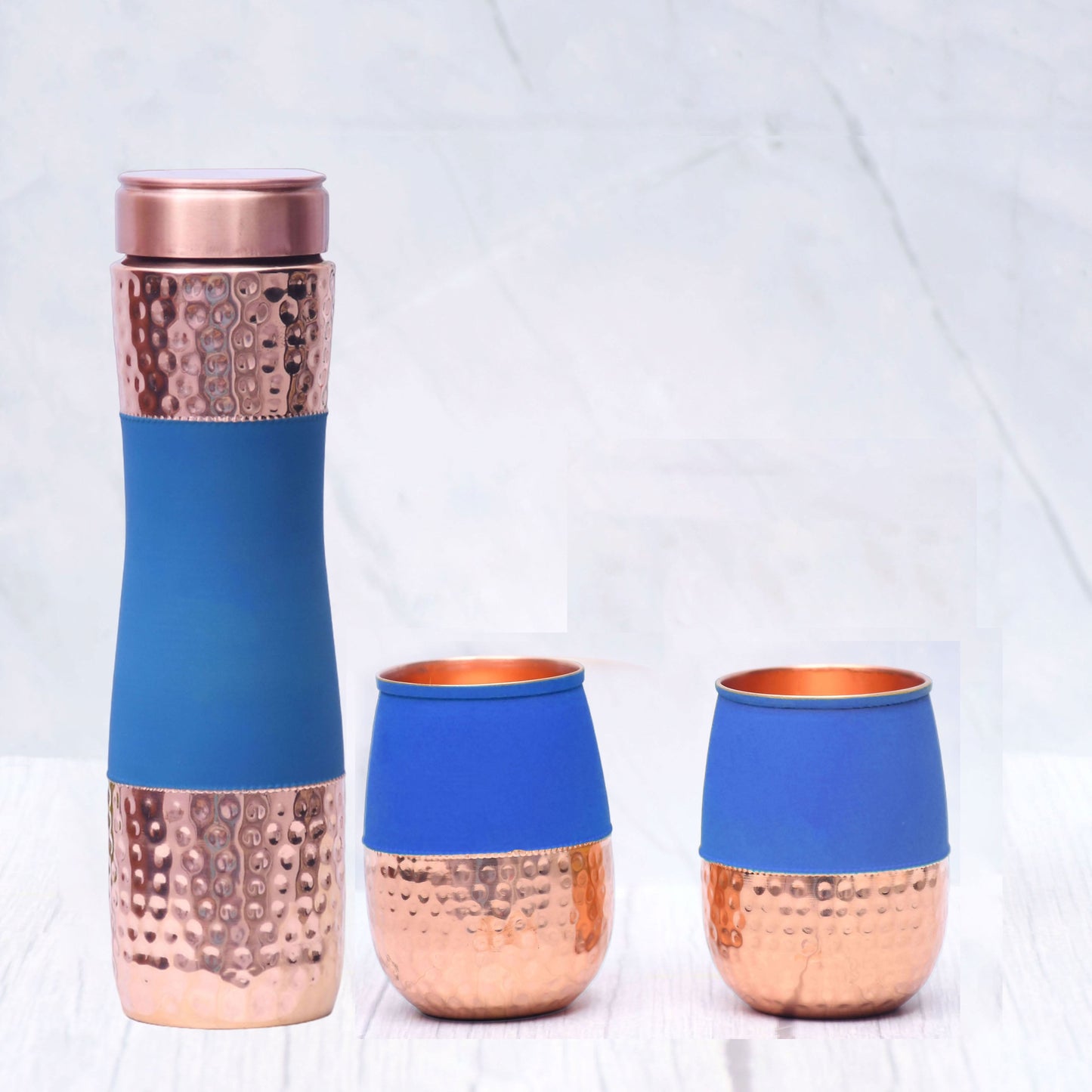SAMA Homes - pure copper water bottle silk blue half hammered with 2 glasses