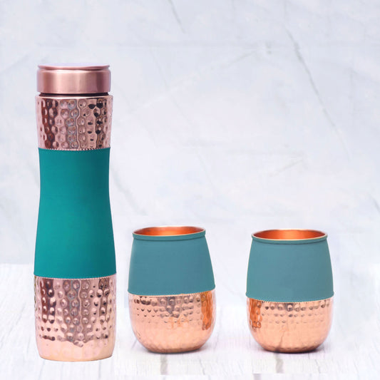 SAMA Homes - pure copper water bottle silk green half hammered with 2 glasses set of 3
