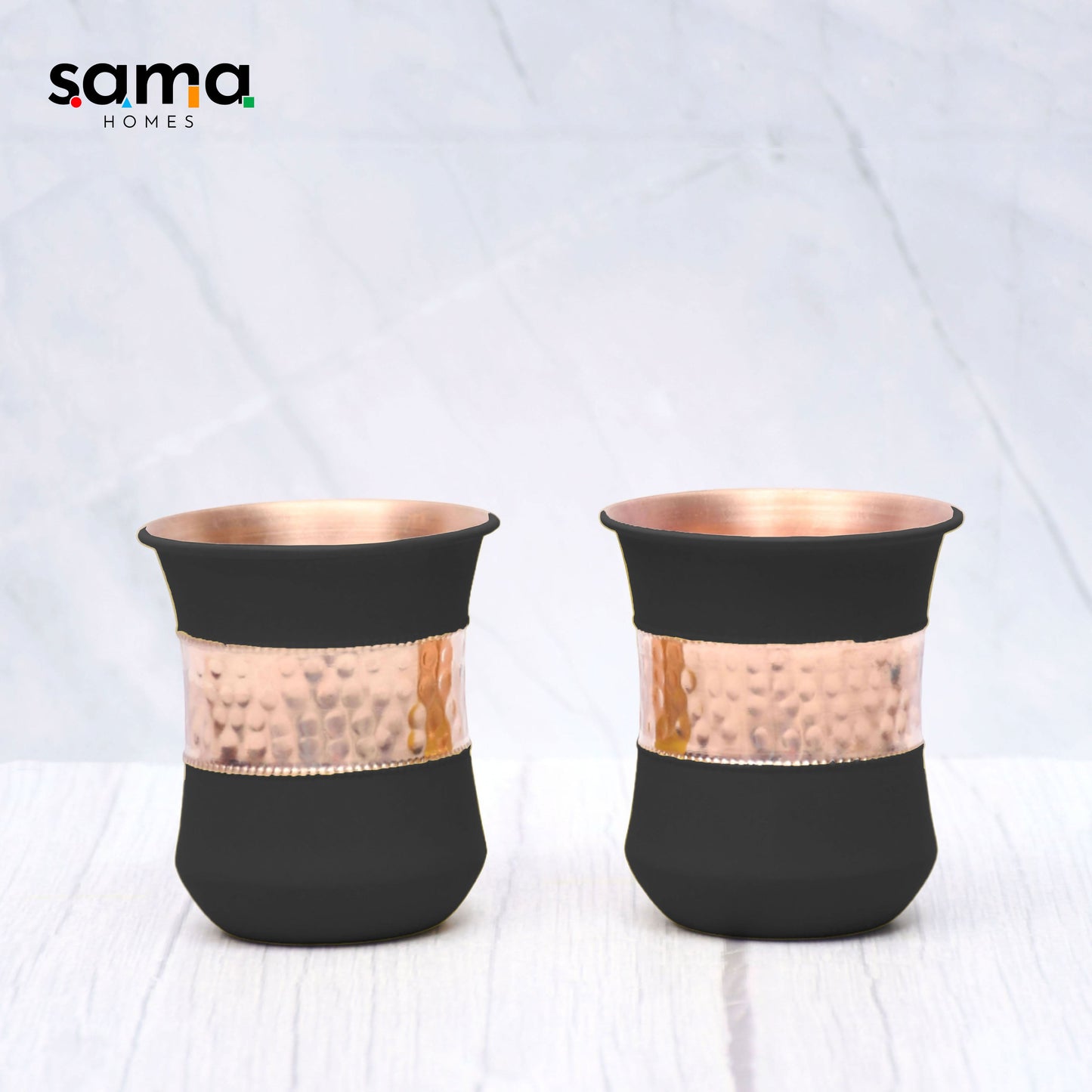 SAMA Homes - pure copper water bottle silk black half hammered with 2 dholak glasses set of 3