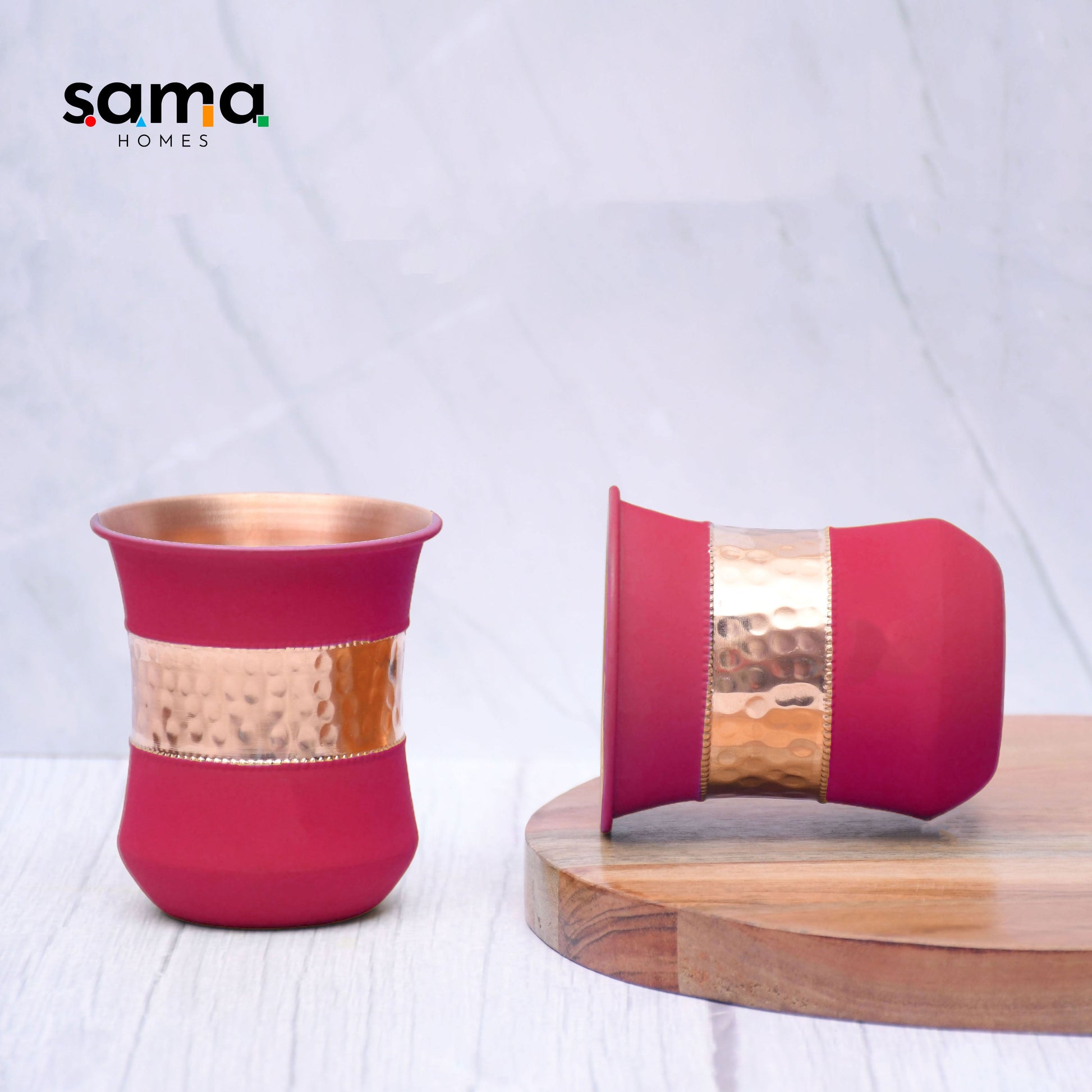 SAMA Homes - pure copper water bottle silk red cherry half hammered with 2 dholak glasses set of 3