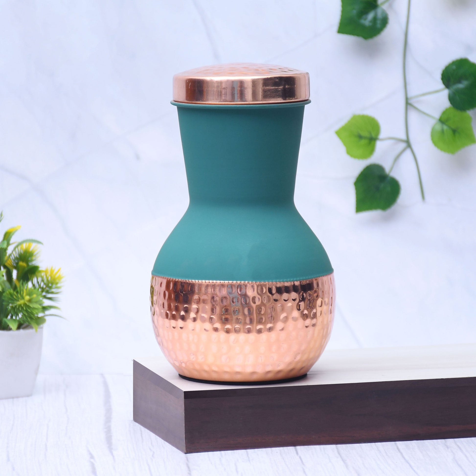 SAMA Homes - pure copper silk green matka pot with inbuilt glass capacity 1200ml