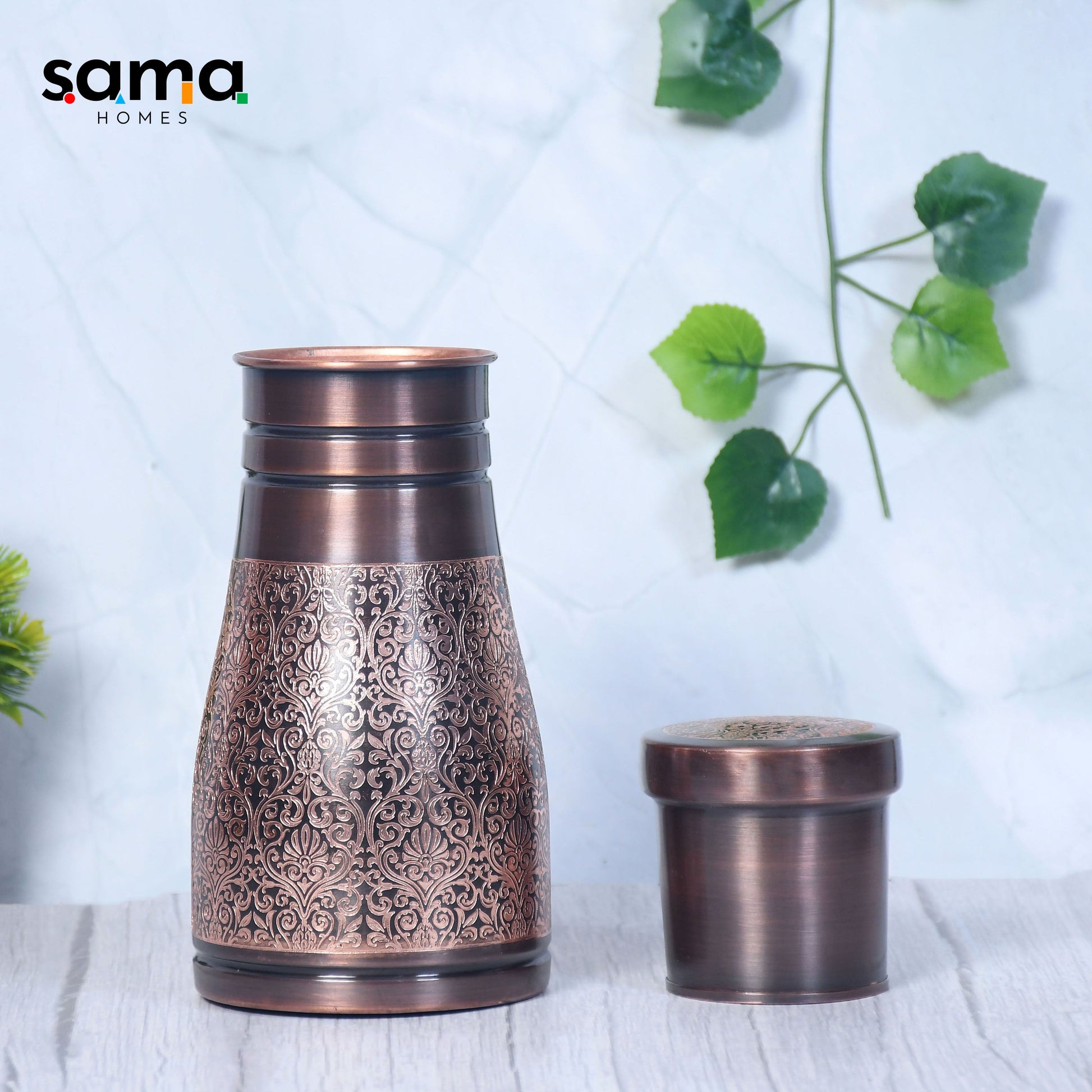 SAMA Homes - pure copper silk black bedside jar with antiqued black etching inbuilt glass capacity 1000ml