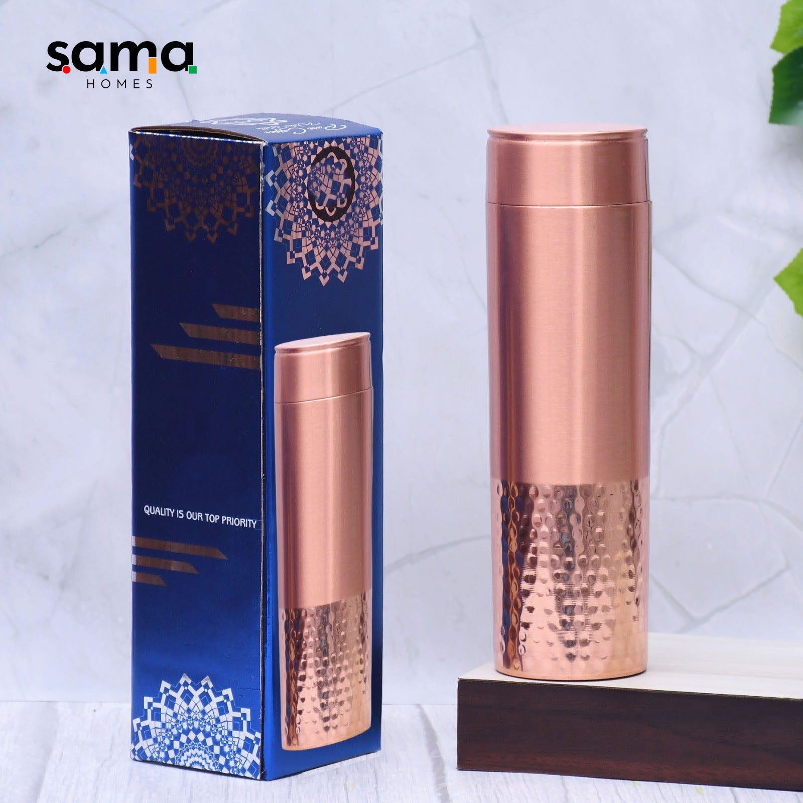 SAMA Homes - pure copper water bottle half hammered and half matt straight