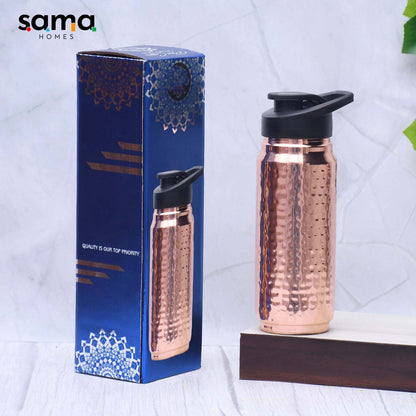 SAMA Homes - pure copper sipper and gym water bottle black cap hammered designed