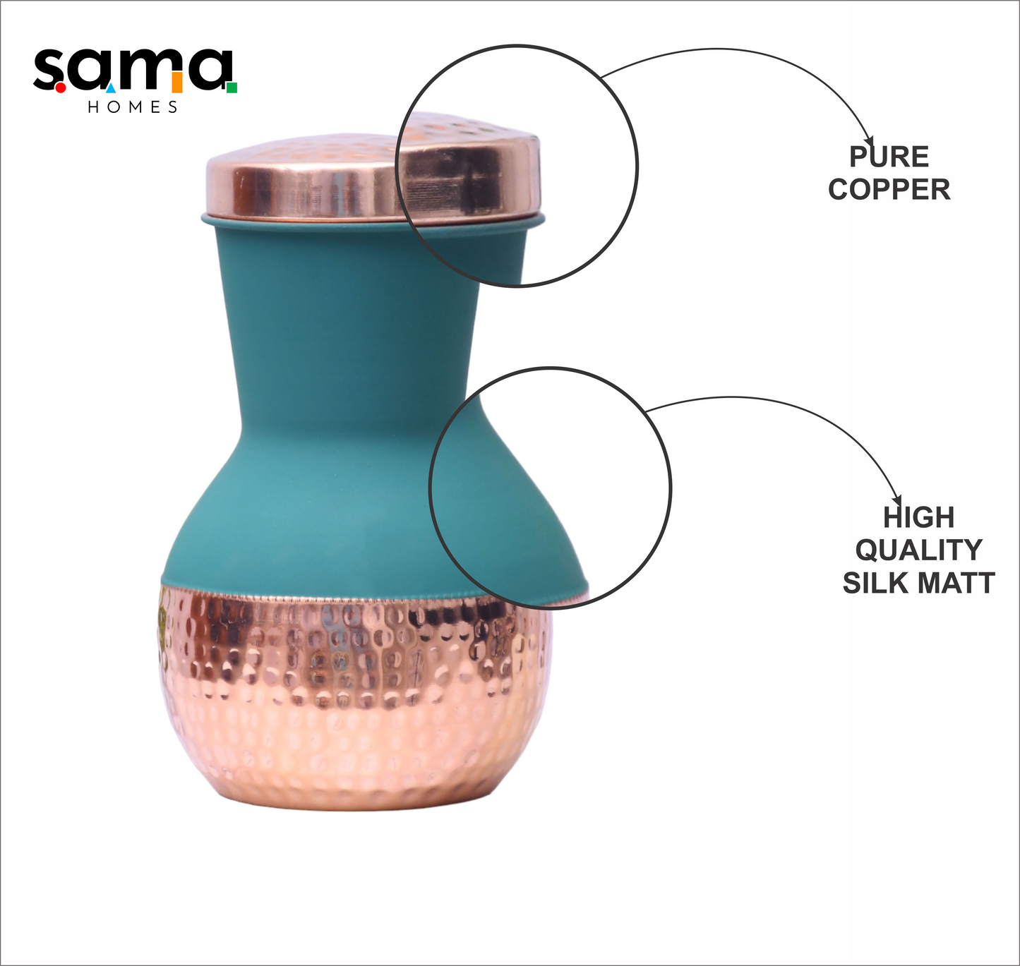 SAMA Homes - pure copper silk green matka pot with inbuilt glass capacity 1200ml