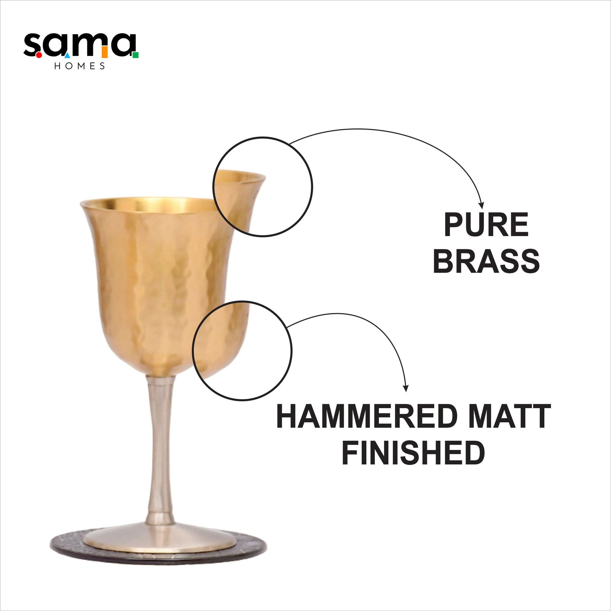 SAMA Homes - beautifully designed hammered tulip set of 6 vintage solid brass sherry wine goblets