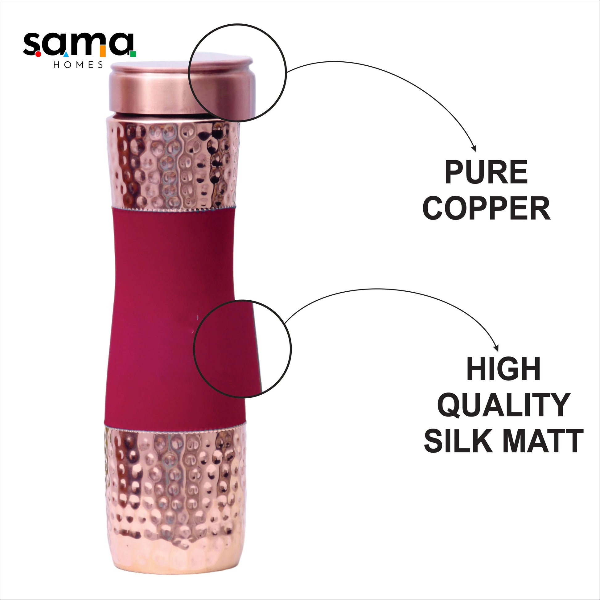 SAMA Homes - pure copper water bottle silk red cherry half hammered capacity 1000ml