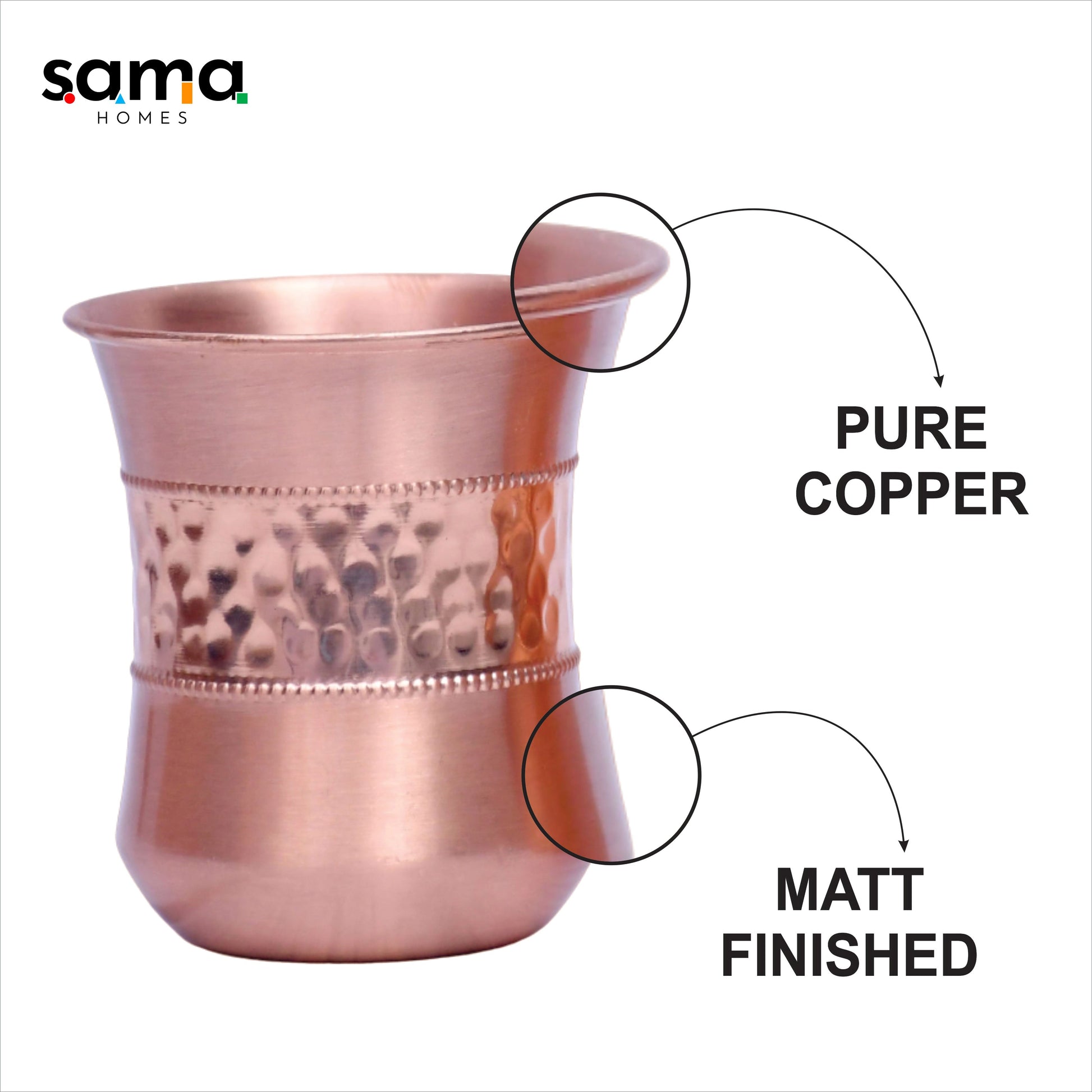 SAMA Homes - pure copper water glass set of 2 half hammered damru tumbler capacity 300ml