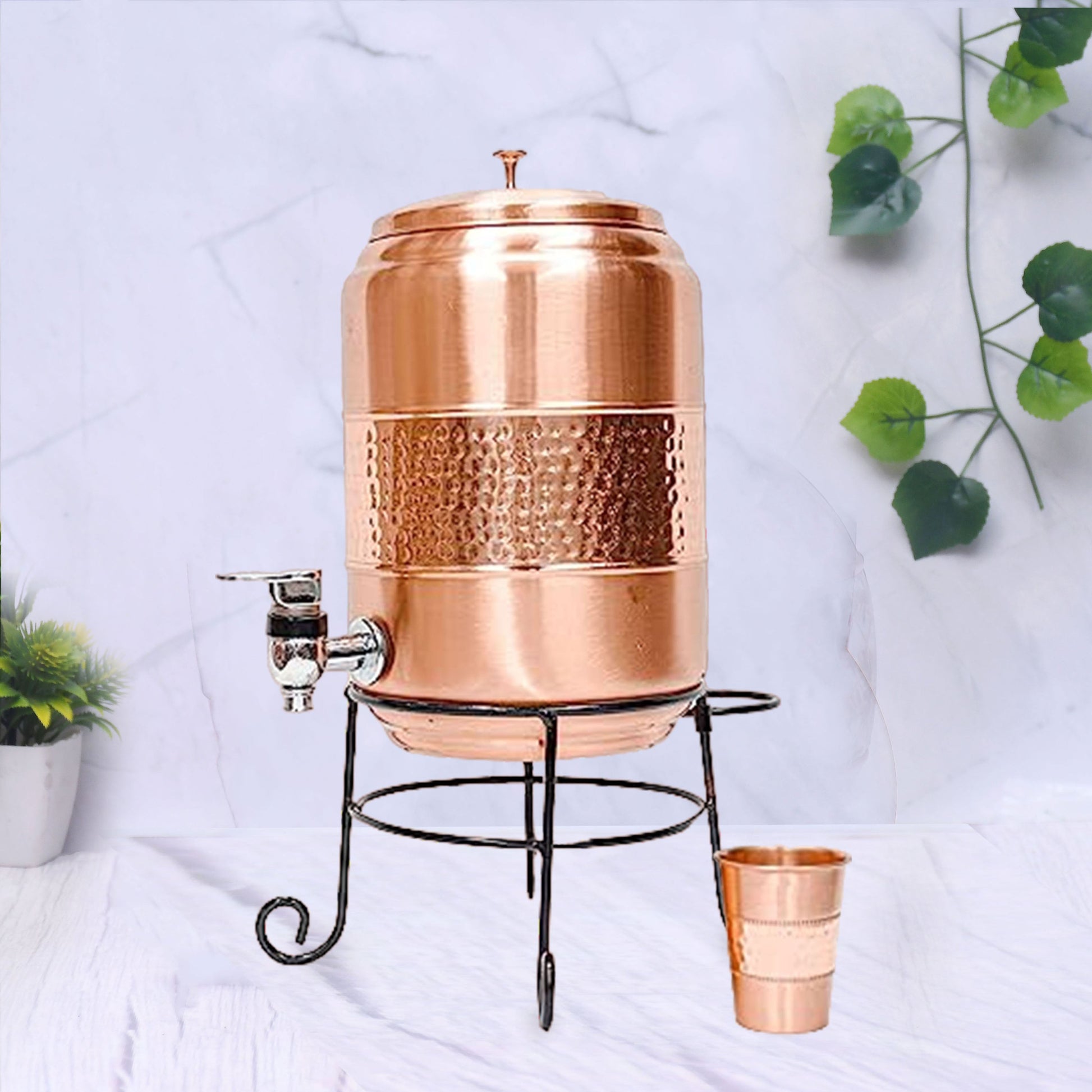 SAMA Homes - pure copper half hammered water dispenser with glass and stand matka combo 5000ml