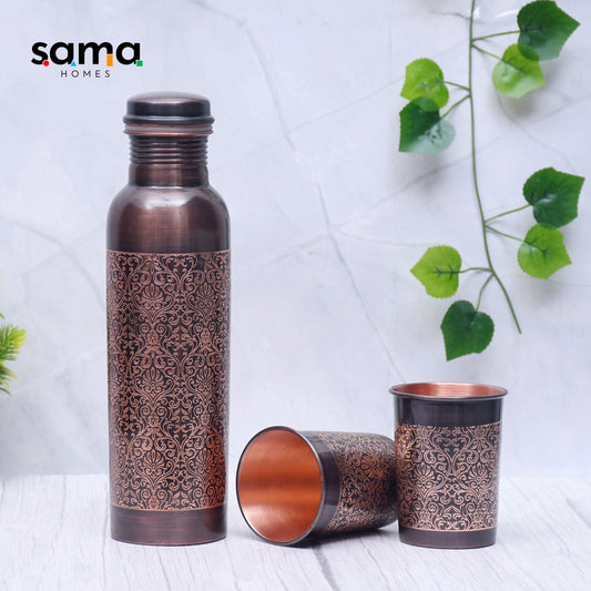 SAMA Homes - pure copper water bottle with 2 glasses black antique engraving design capacity 1000ml