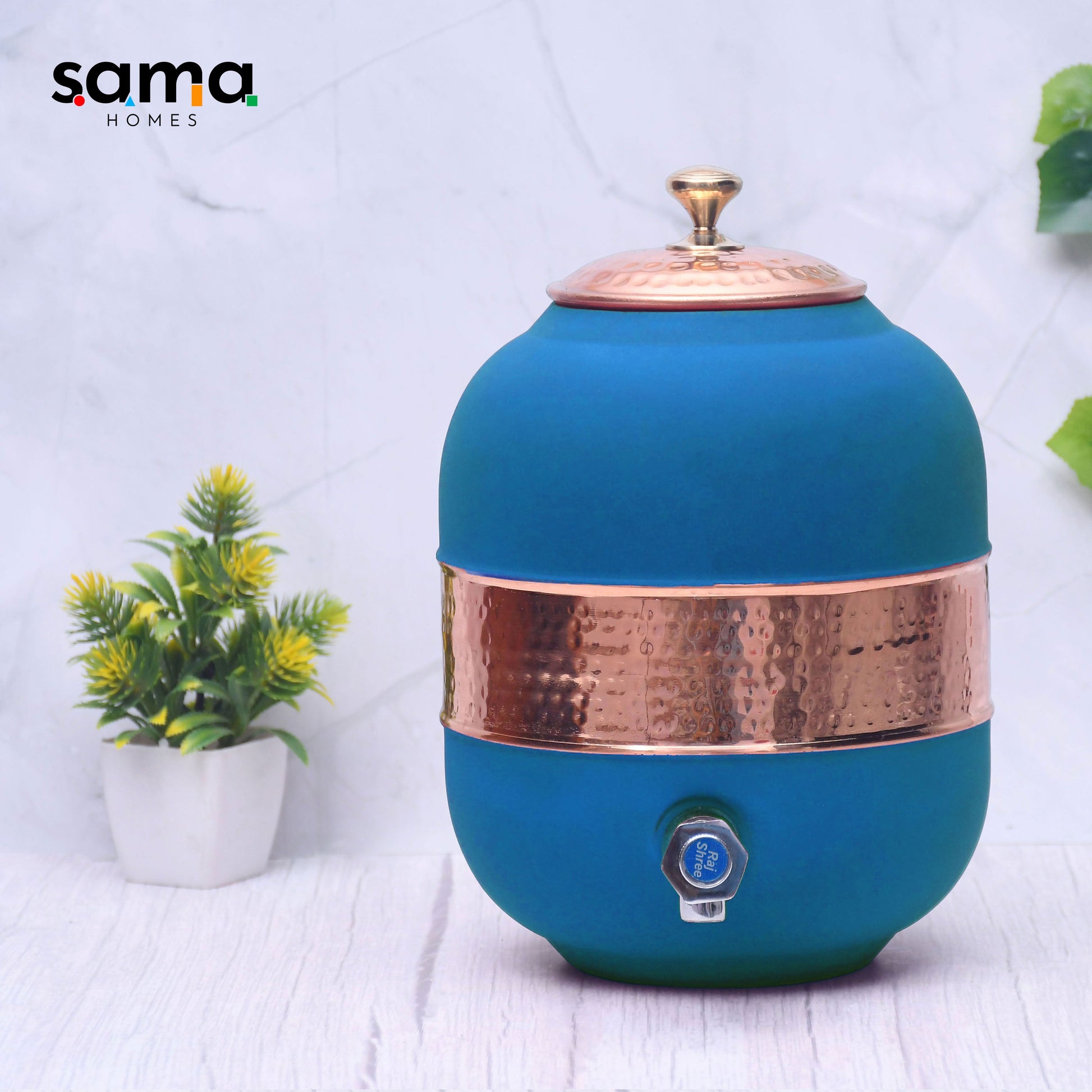 Image of Pure Copper Silk Blue Half Hammered Water Dispenser (Matka) Capacity 5000ML | blockquote data fragment | Premium Brass & Wood Decor | Sama Homes - Image 8