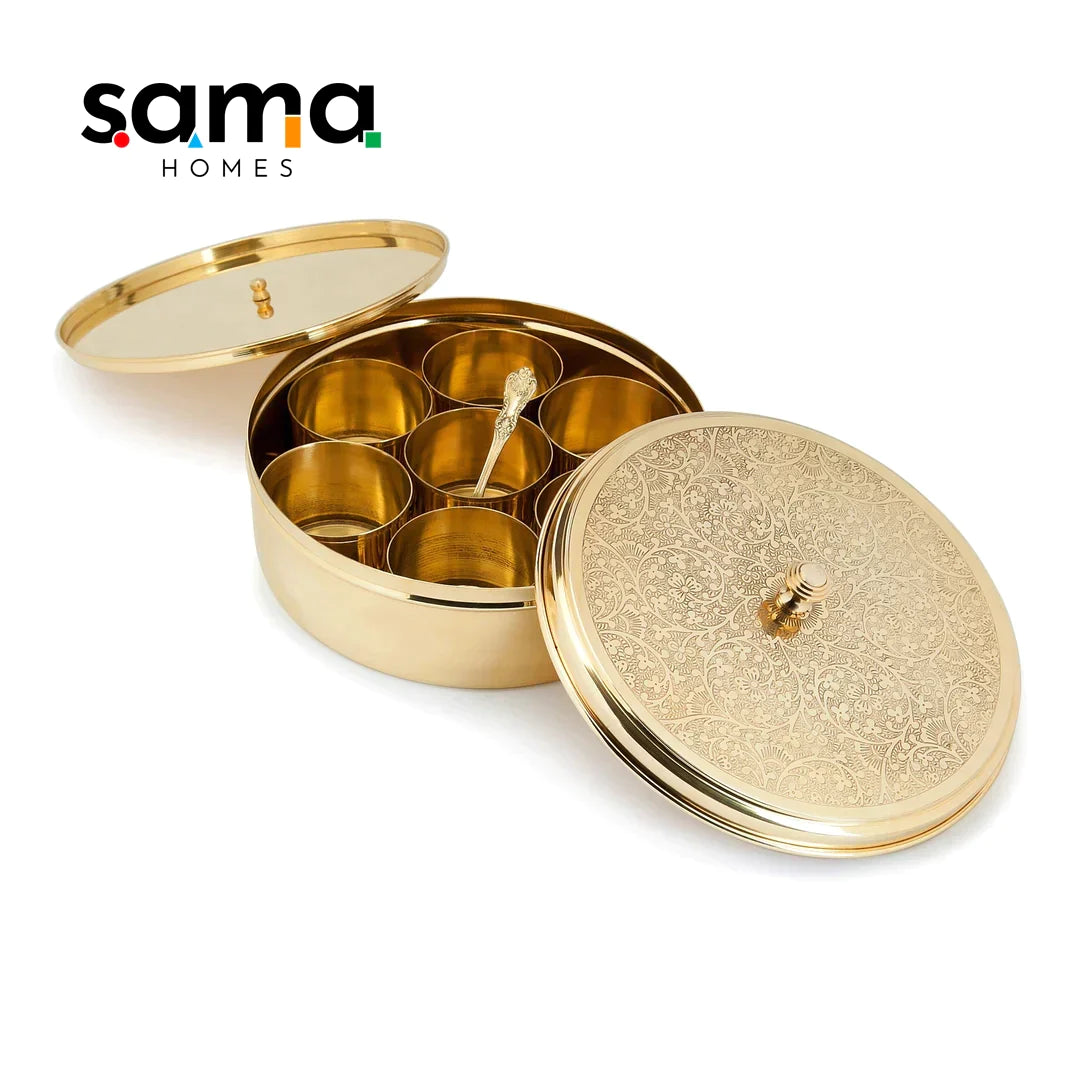 SAMA Homes - handcrafted brass masala box set for kitchen with spoon 7 containers 40 ml 9