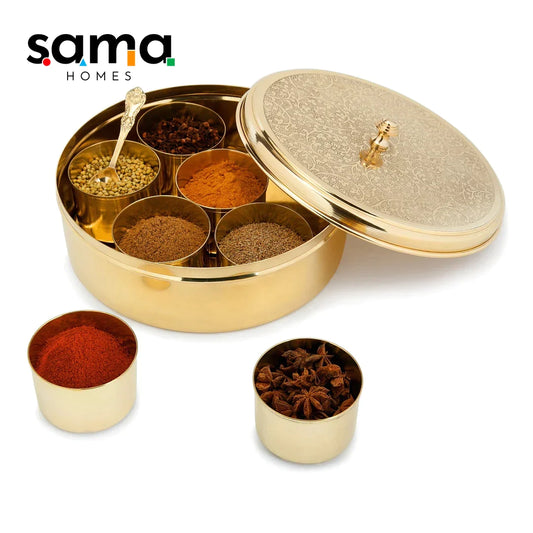 SAMA Homes - handcrafted brass masala box set for kitchen with spoon 7 containers 40 ml 9