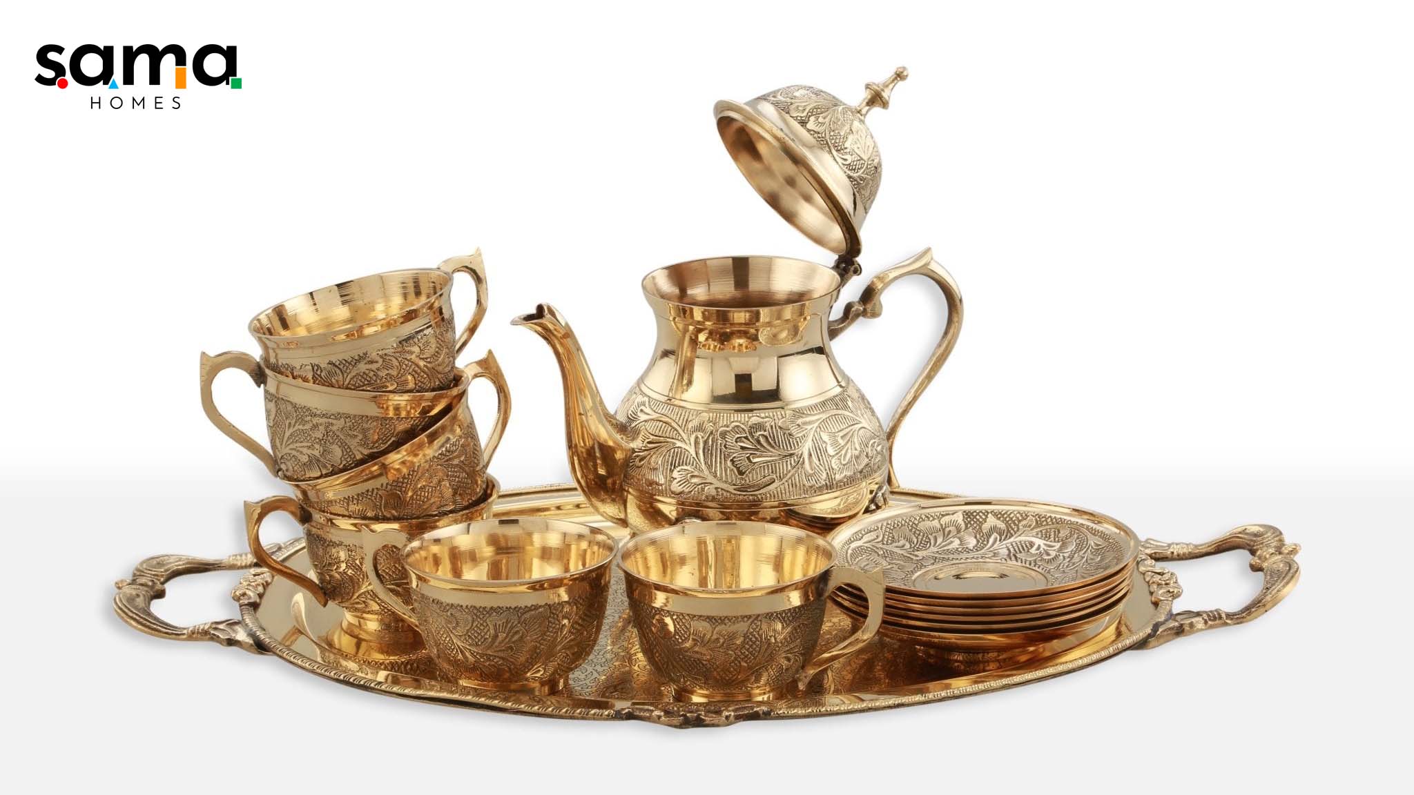 Antique etched brass hot tea set