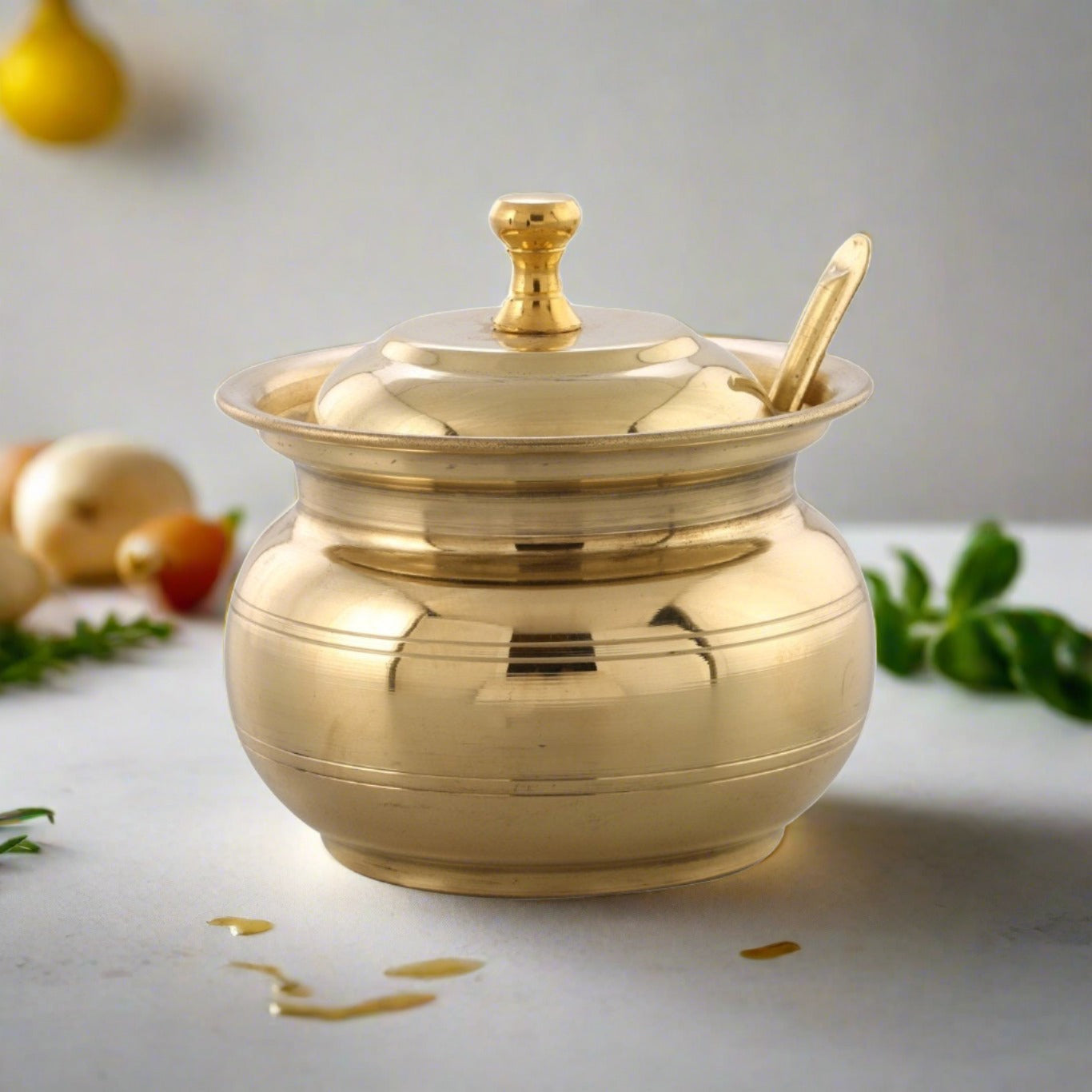 Brass ghee pot with Spoon and Lid