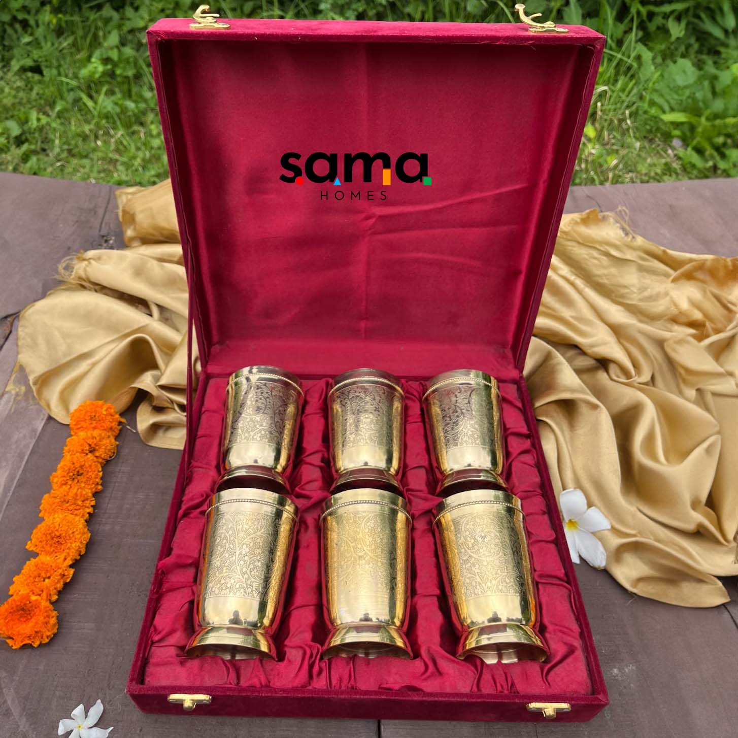 6-Piece Brass Glass Set with Velvet Box | Sustainable & Healthy Living Essentials - Sama Homes