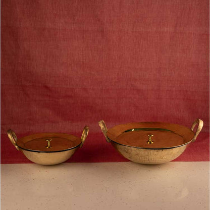 Ayurveda Starter Kit (1 Brass Kadhai, 1 Copper Tumbler, 1 Kansa (Bronze) Thaali - 10.5") - Sama Homes
