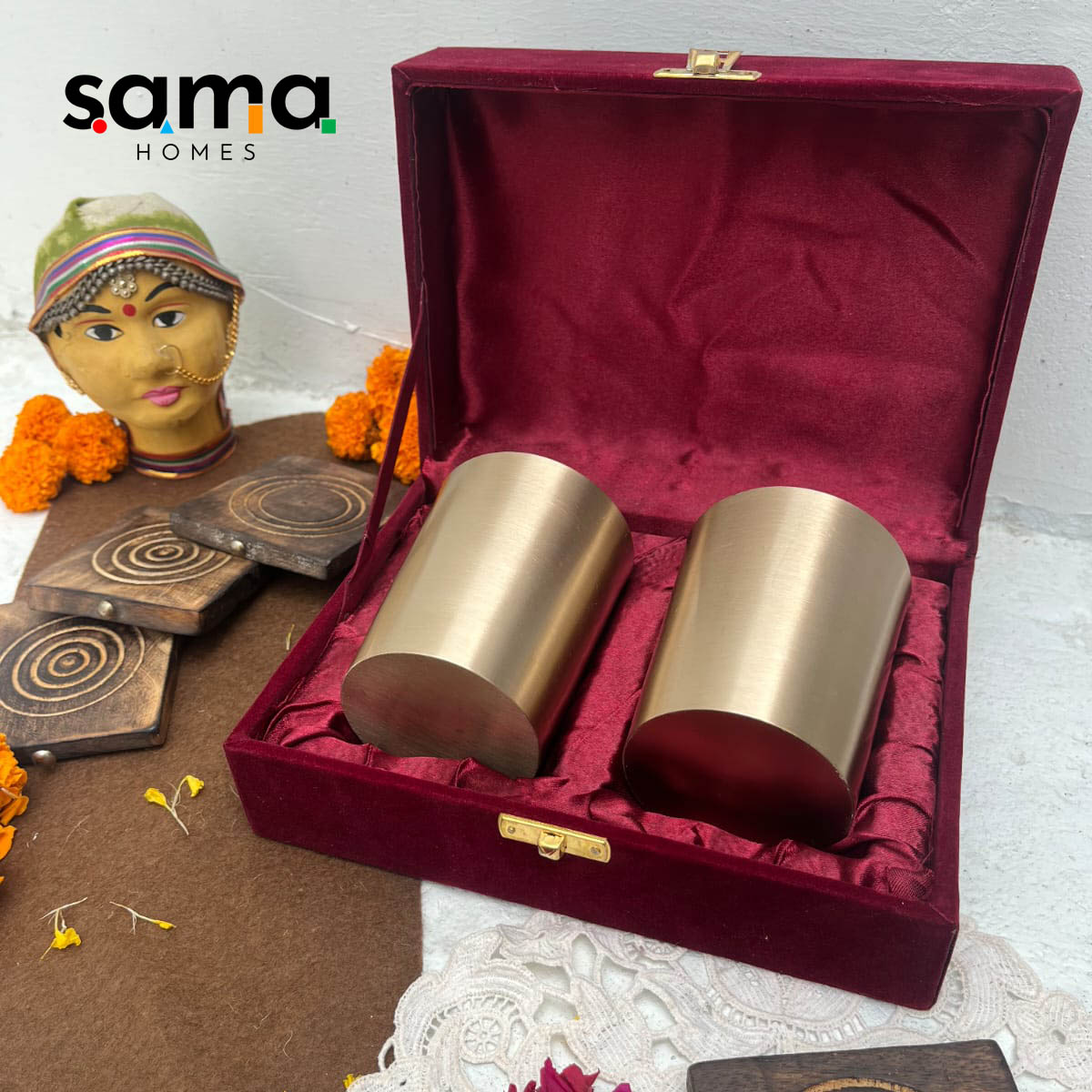 Bronze / Kansa Glasses with Velvet Box - Sama Homes - Image 3