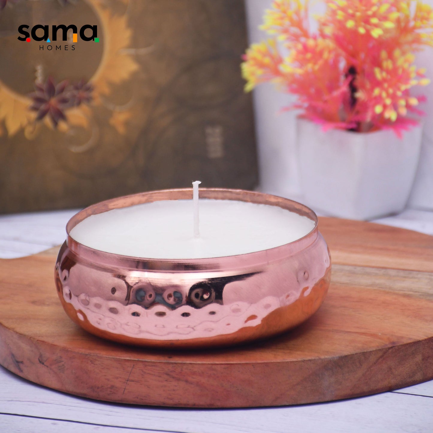 SAMA Homes - copper finish hammered votive metal pot with soy wax candle french vanilla aroma 2