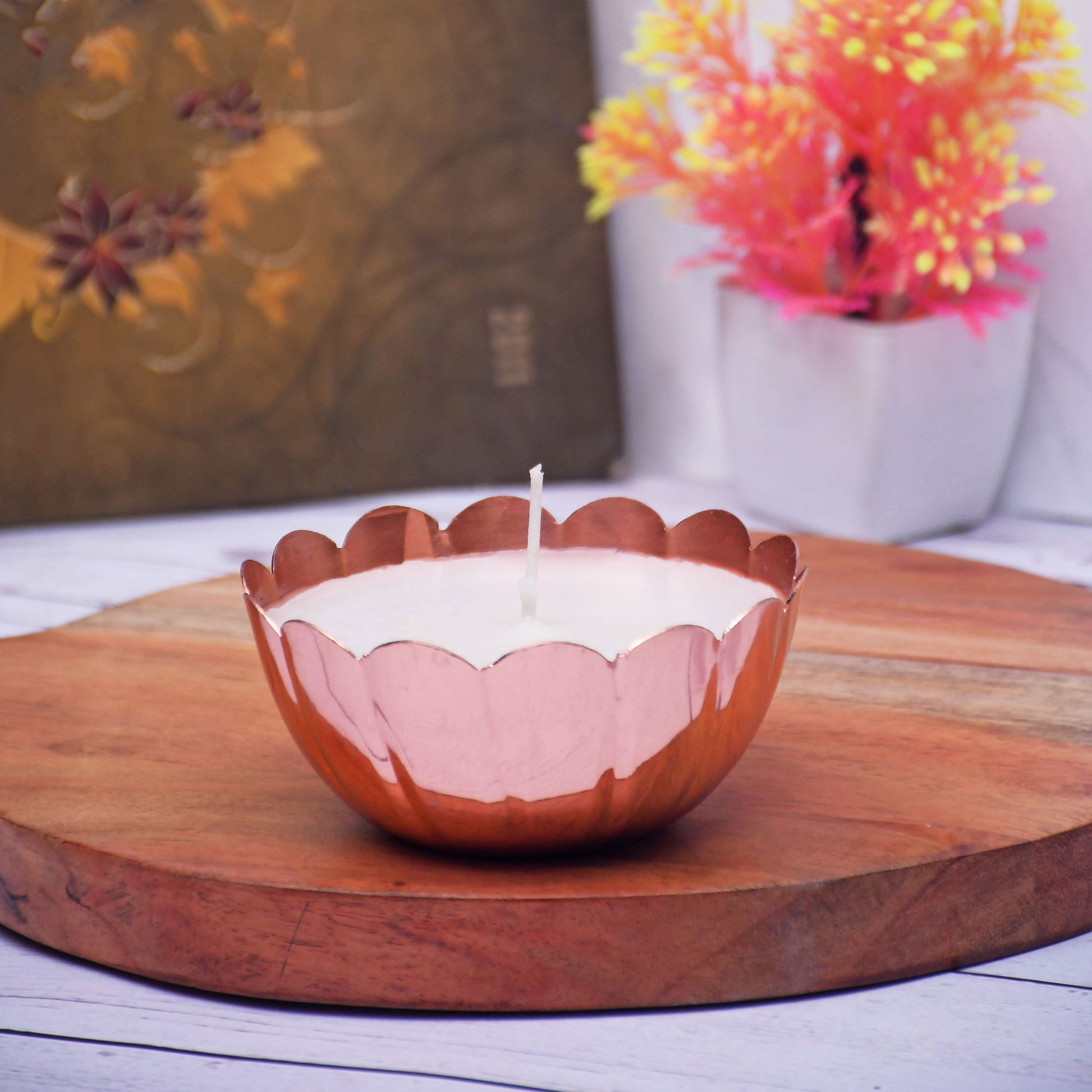 SAMA Homes - copper finish votive metal pot with lotus design soy wax candle french vanilla aroma