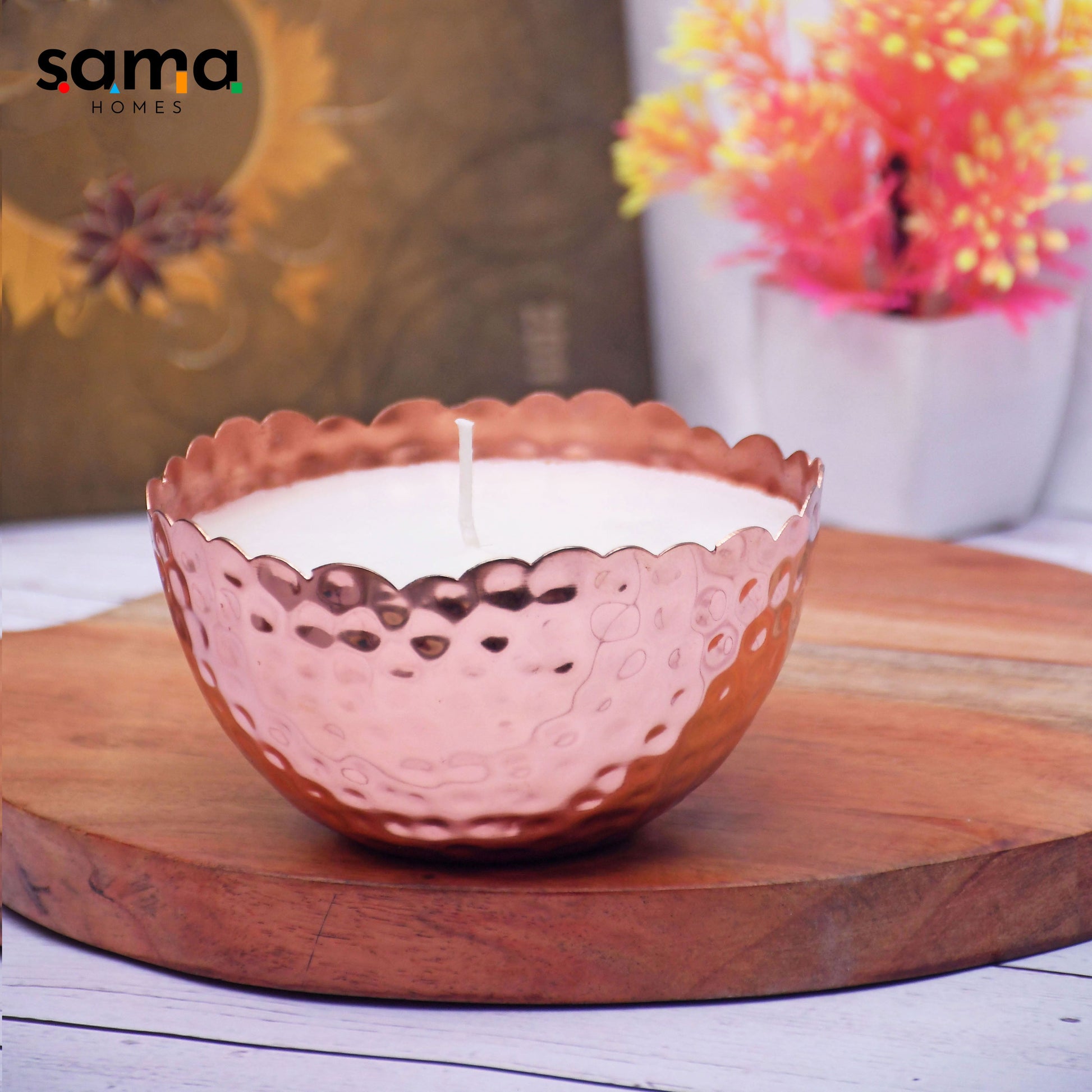 SAMA Homes - copper finish hammered votive metal pot with design soy wax candle french vanilla aroma