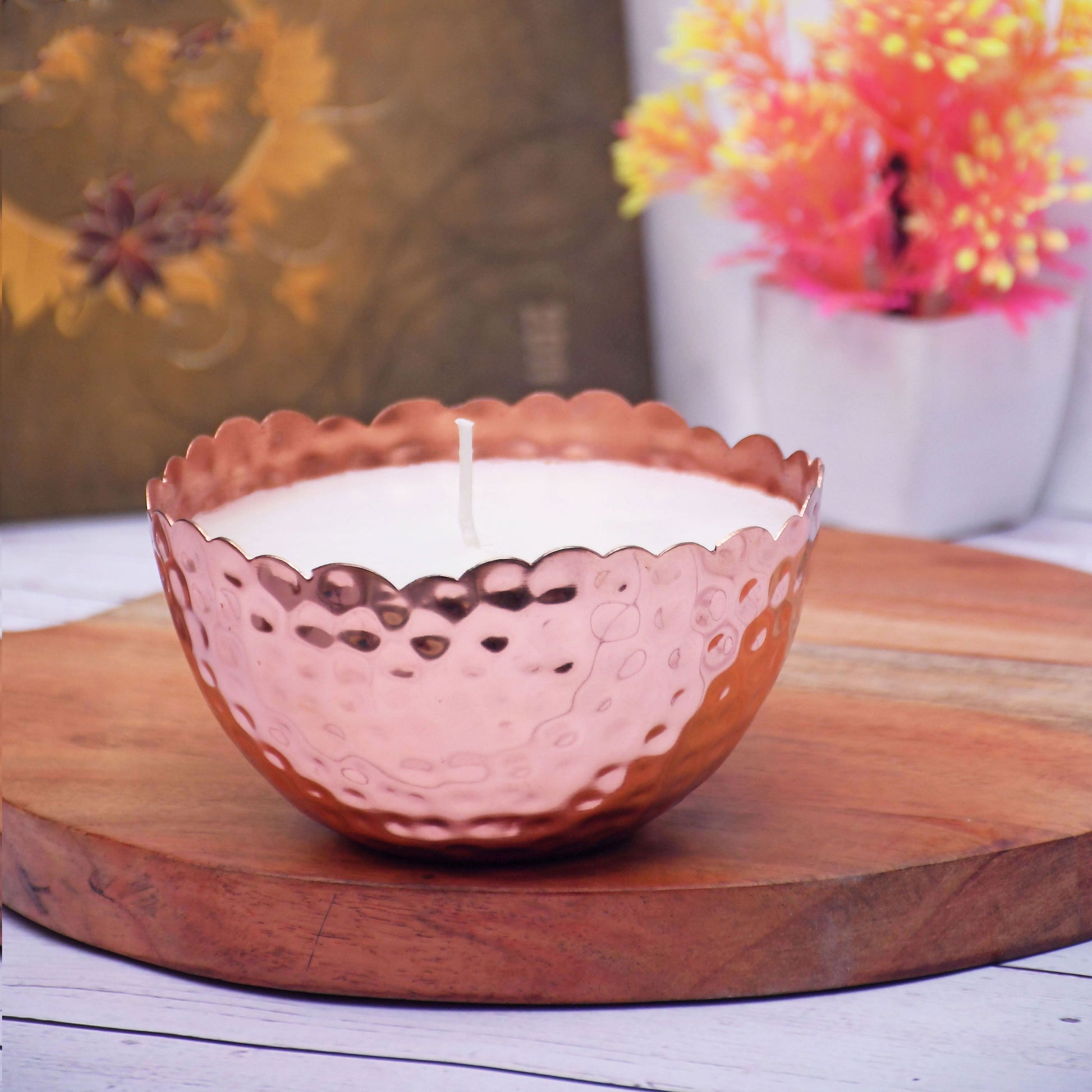 SAMA Homes - copper finish hammered votive metal pot with design soy wax candle french vanilla aroma