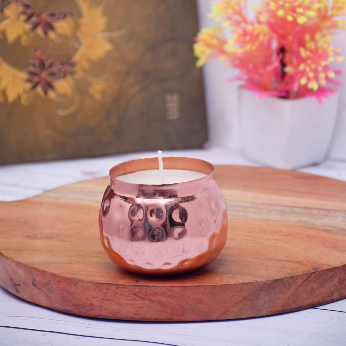SAMA Homes - copper finish hammered votive metal pot with soy wax candle french vanilla aroma small