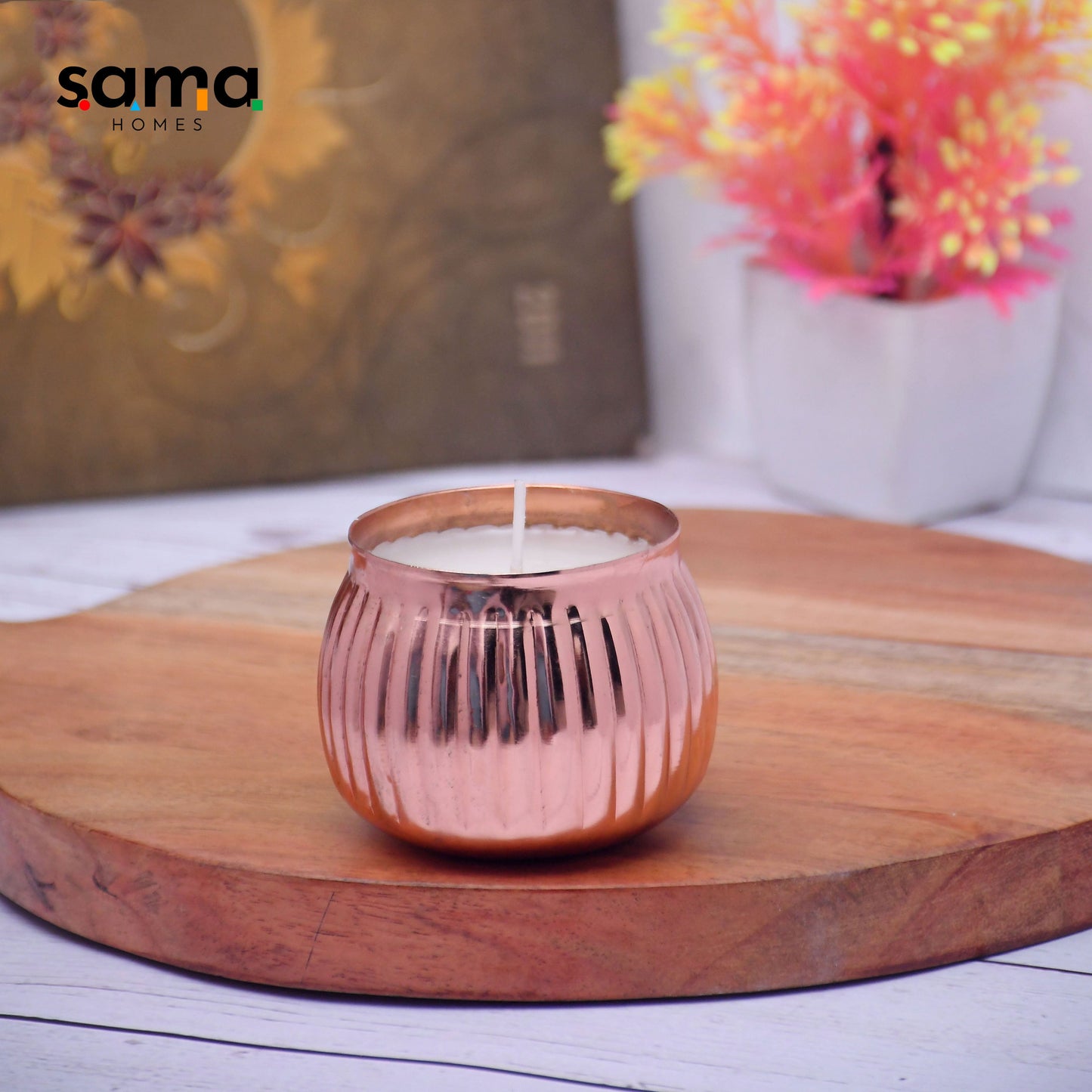 SAMA Homes - copper finish votive metal pot with hammered rope design soy wax candle french vanilla aroma