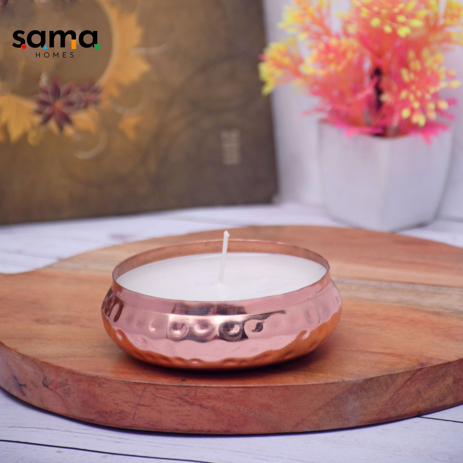 SAMA Homes - copper finish hammered votive metal pot with soy wax candle french vanilla aroma small 1