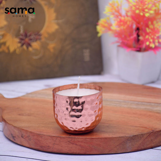 SAMA Homes - copper finish with tumble designed hammered votive metal pot with soy wax candle french vanilla aroma