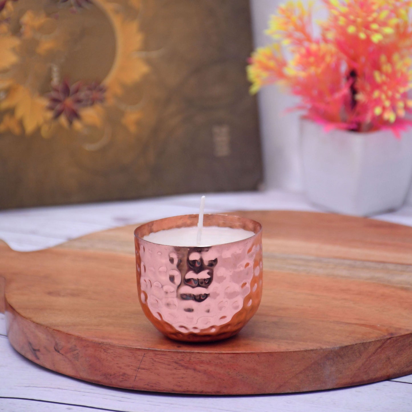 SAMA Homes - copper finish with tumble designed hammered votive metal pot with soy wax candle french vanilla aroma
