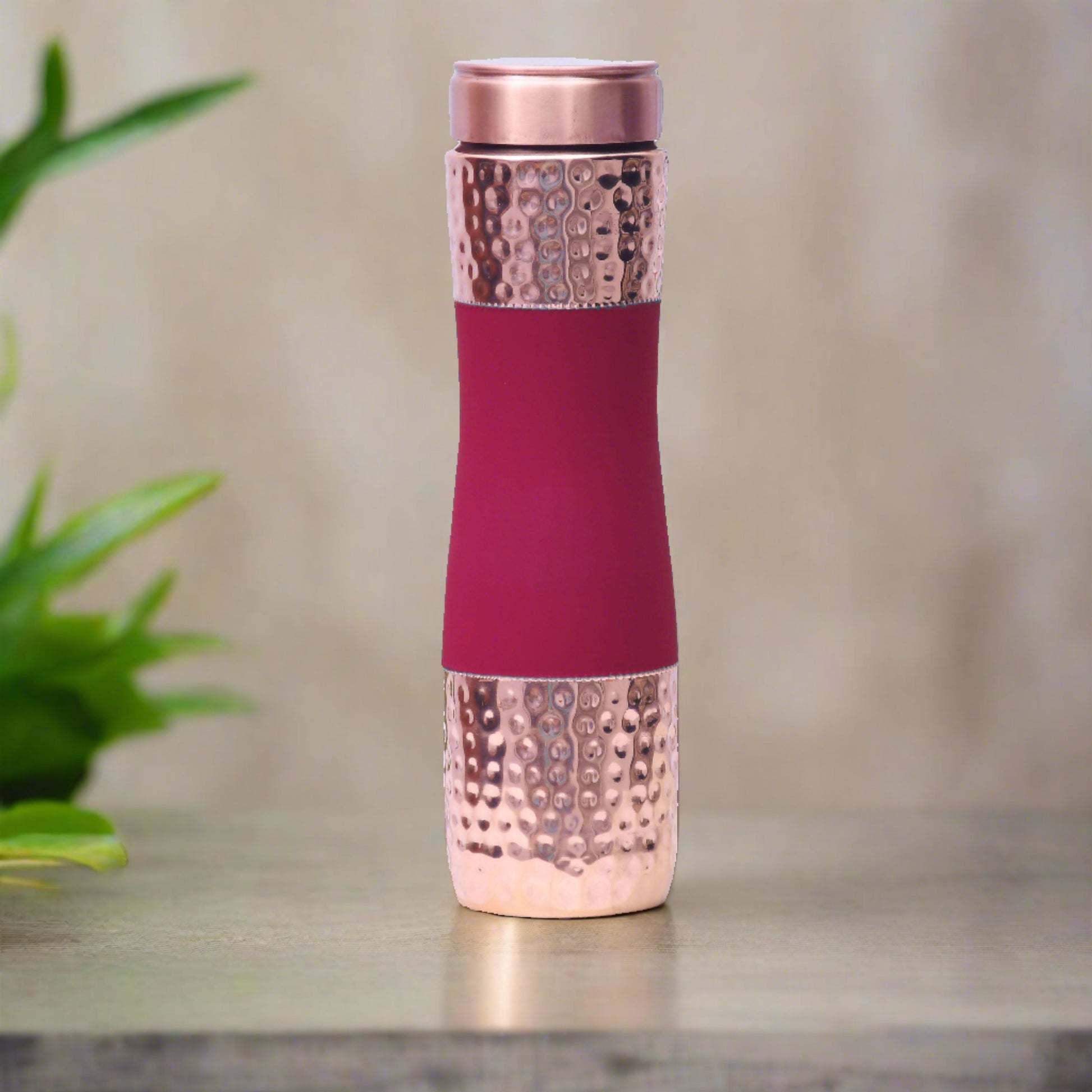 Pure Copper Water bottle Red silk finish with Half hammered design