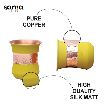SAMA Homes - pure copper water glass silk yellow half hammered damru tumbler capacity 300ml