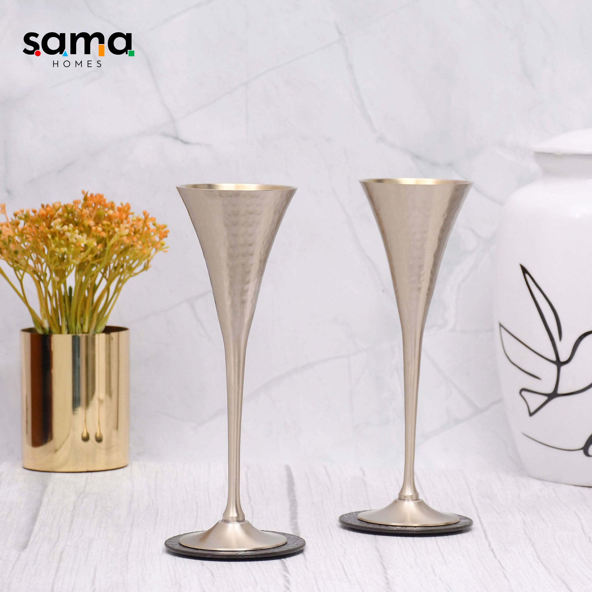 SAMA Homes - beautifully designed conical brass finished goblet glasses set of 2