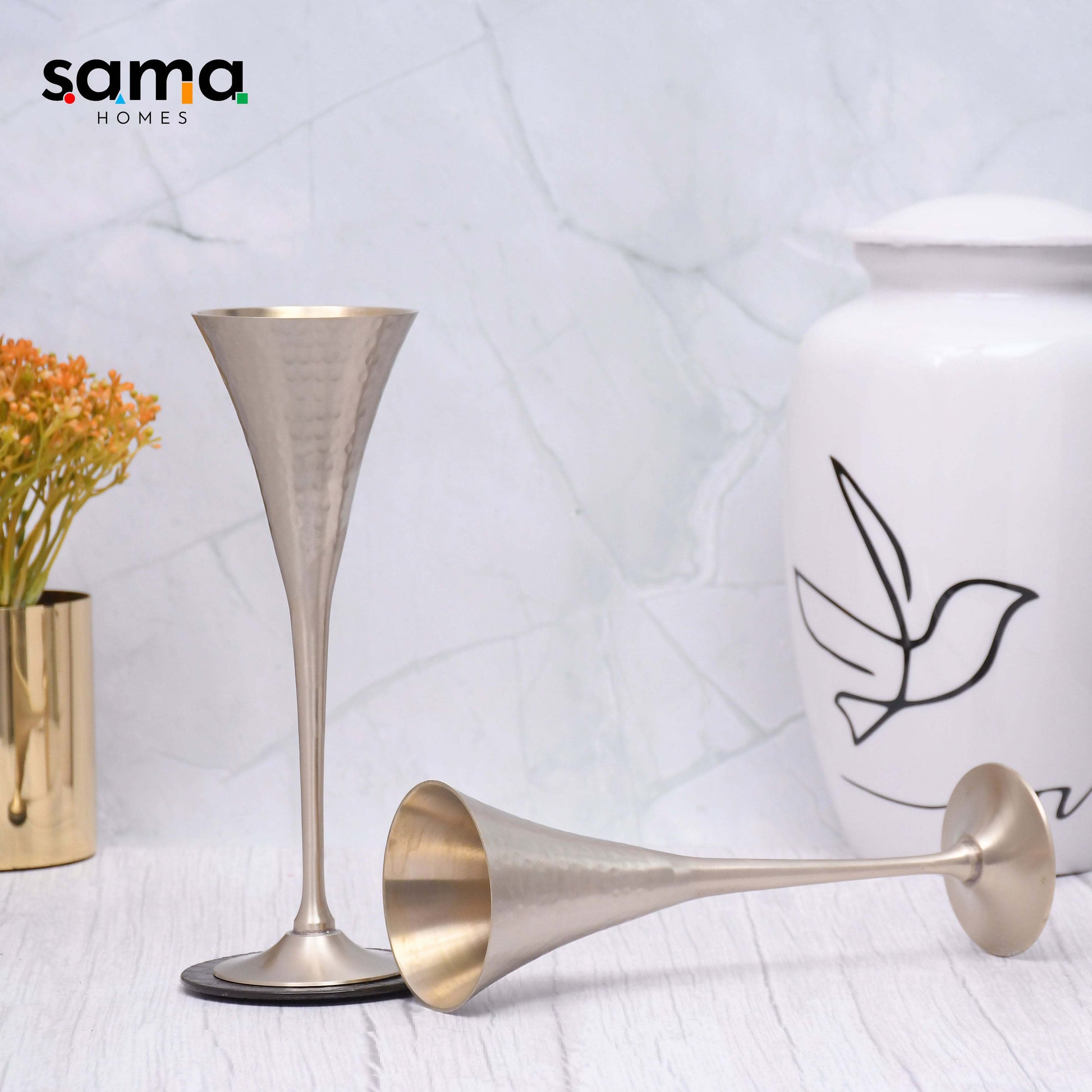 SAMA Homes - beautifully designed conical brass finished goblet glasses set of 2