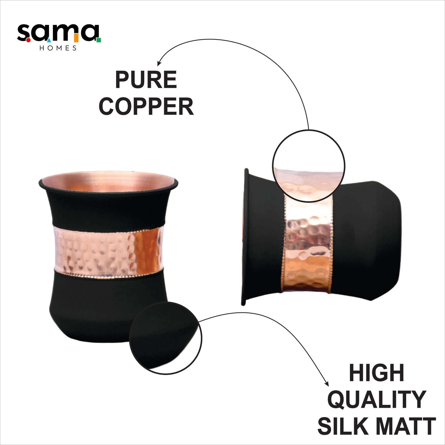 SAMA Homes - pure copper water glass silk black half hammered damru tumbler capacity 300ml