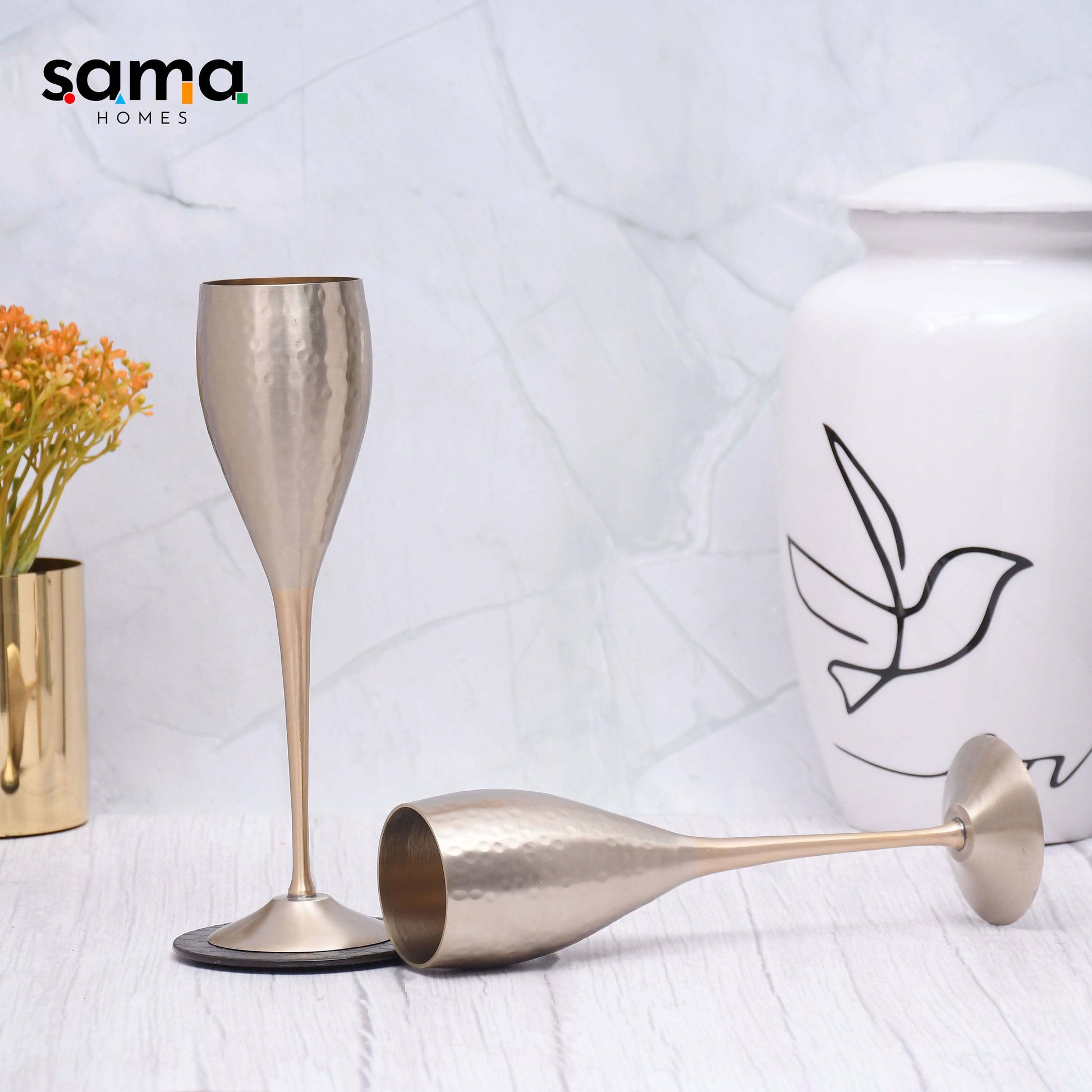 SAMA Homes - beautifully designed round brass matt finished goblet glasses set of 2