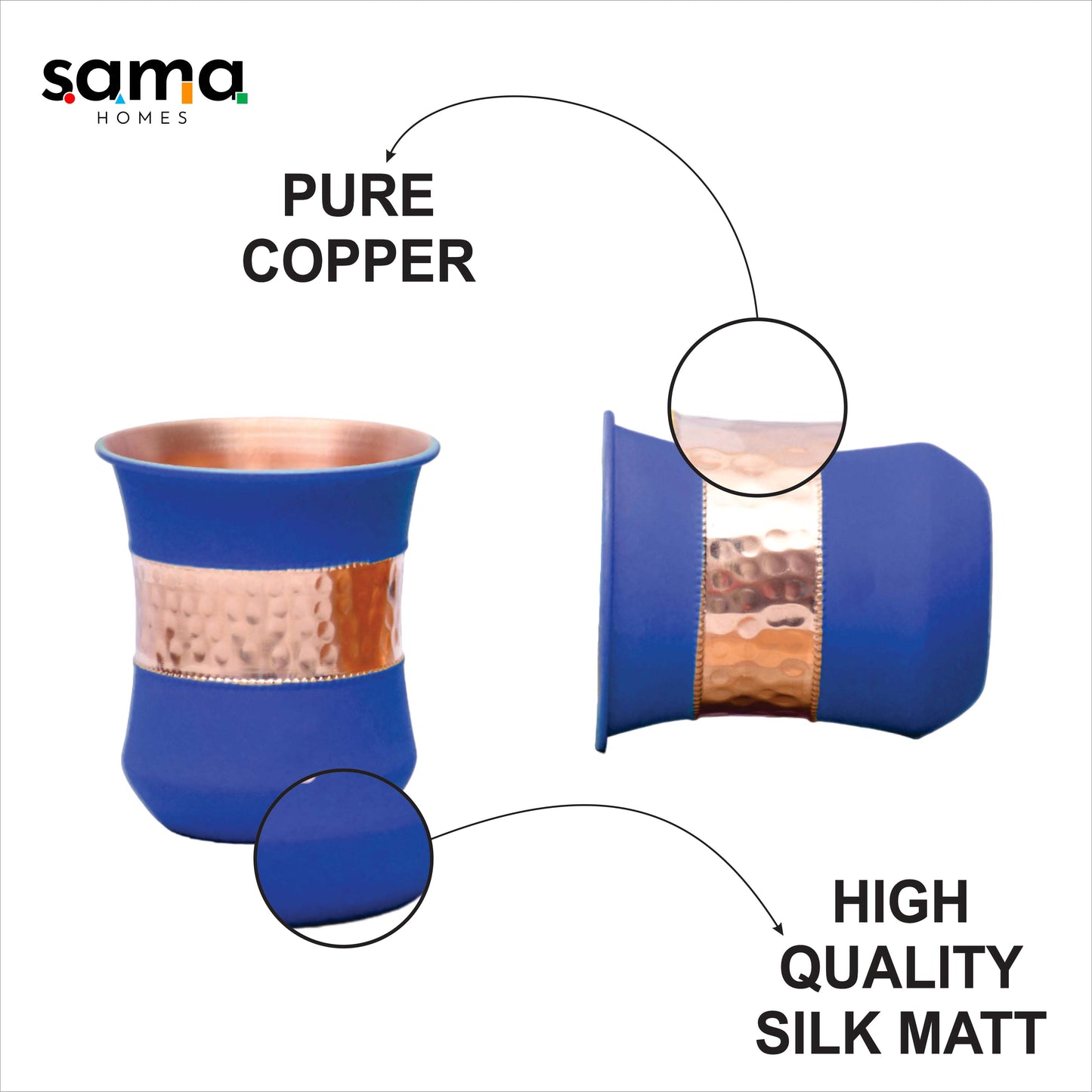 SAMA Homes - pure copper water glass silk blue half hammered damru tumbler capacity 300ml
