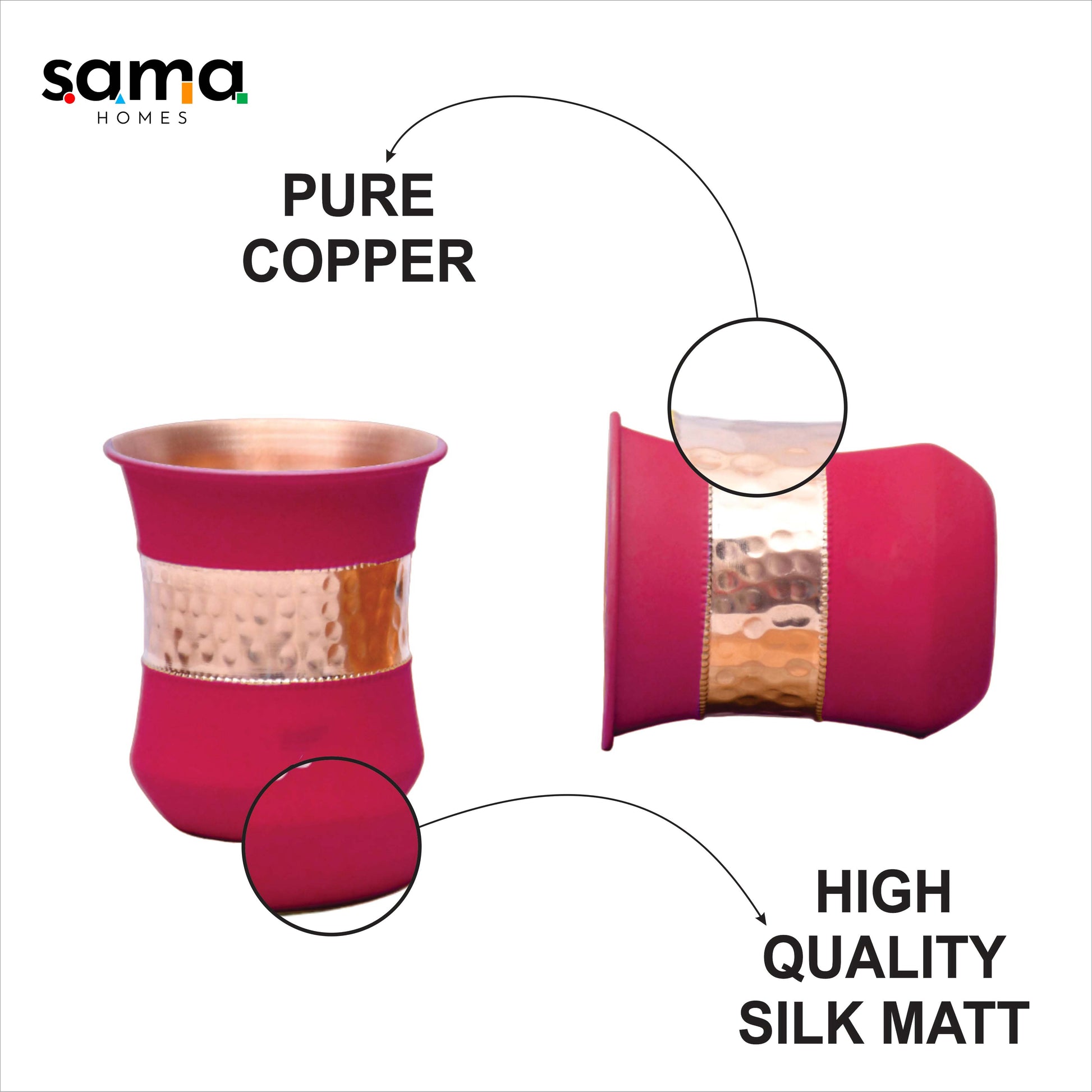 SAMA Homes - pure copper water bottle silk red cherry half hammered with 2 dholak glasses set of 3