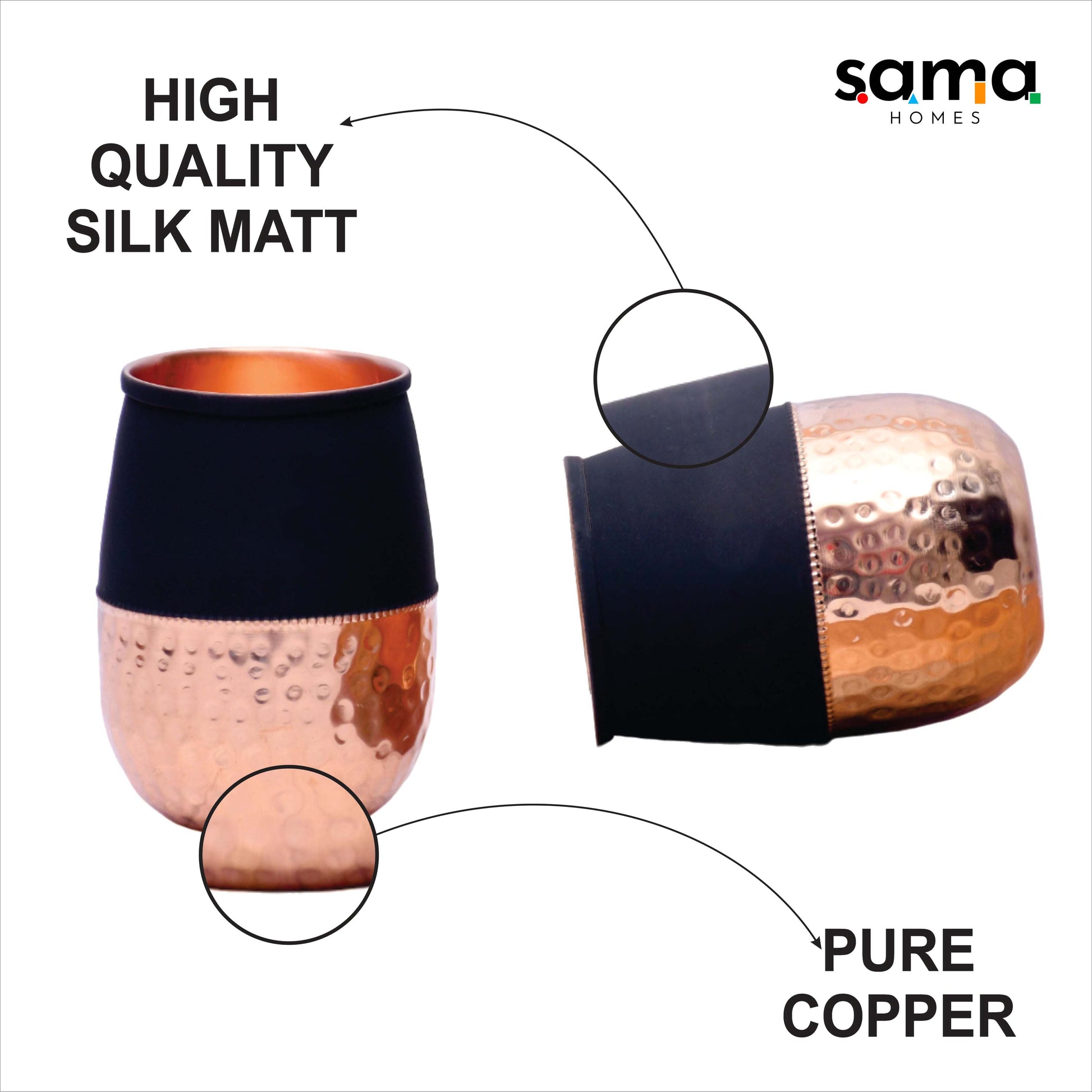 SAMA Homes - pure copper water bottle silk black half hammered with 2 glasses set of 3