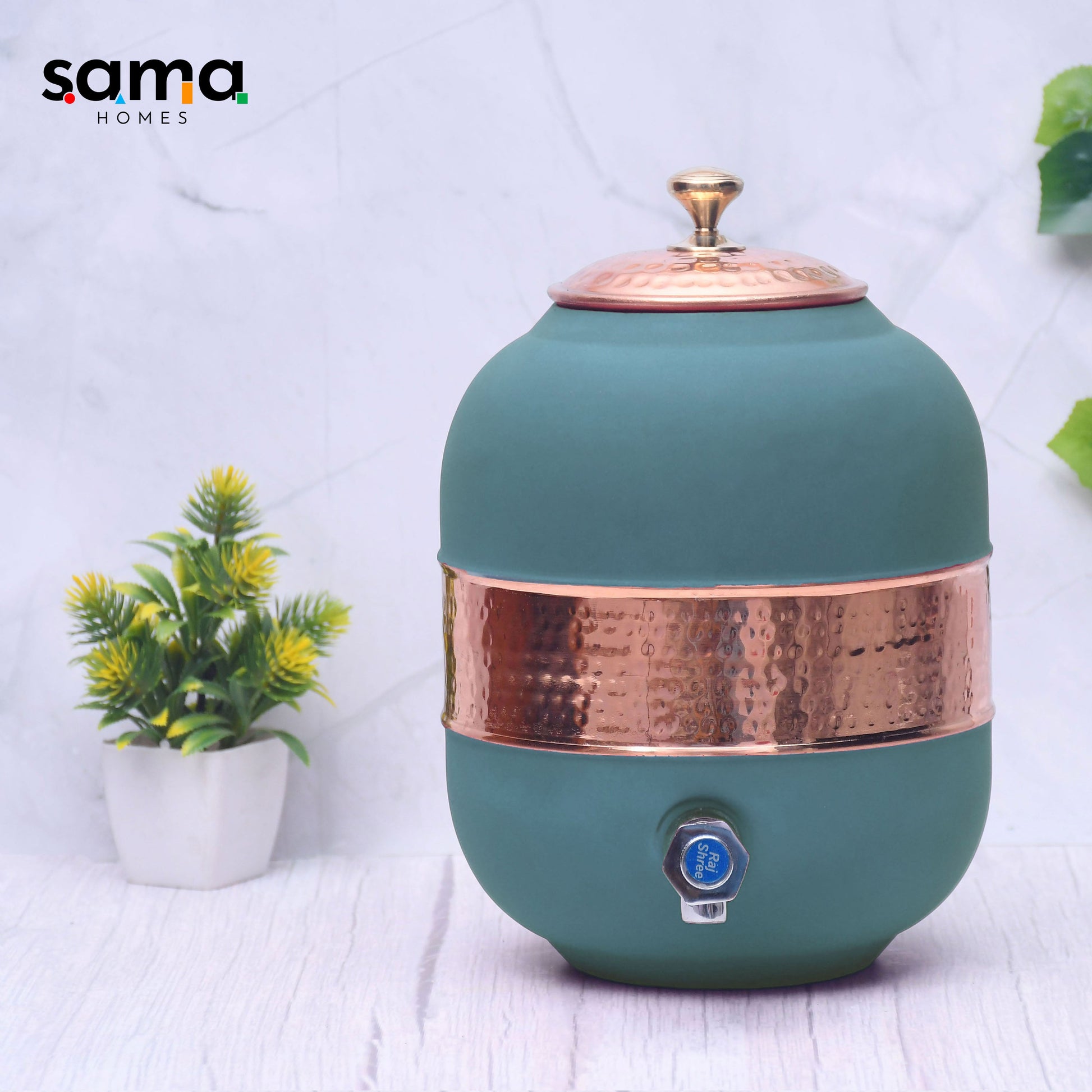Image of Pure Copper Silk Green Half Hammered Water Dispenser (Matka) Capacity 5000ML | blockquote data fragment | Premium Brass & Wood Decor | Sama Homes - Image 9
