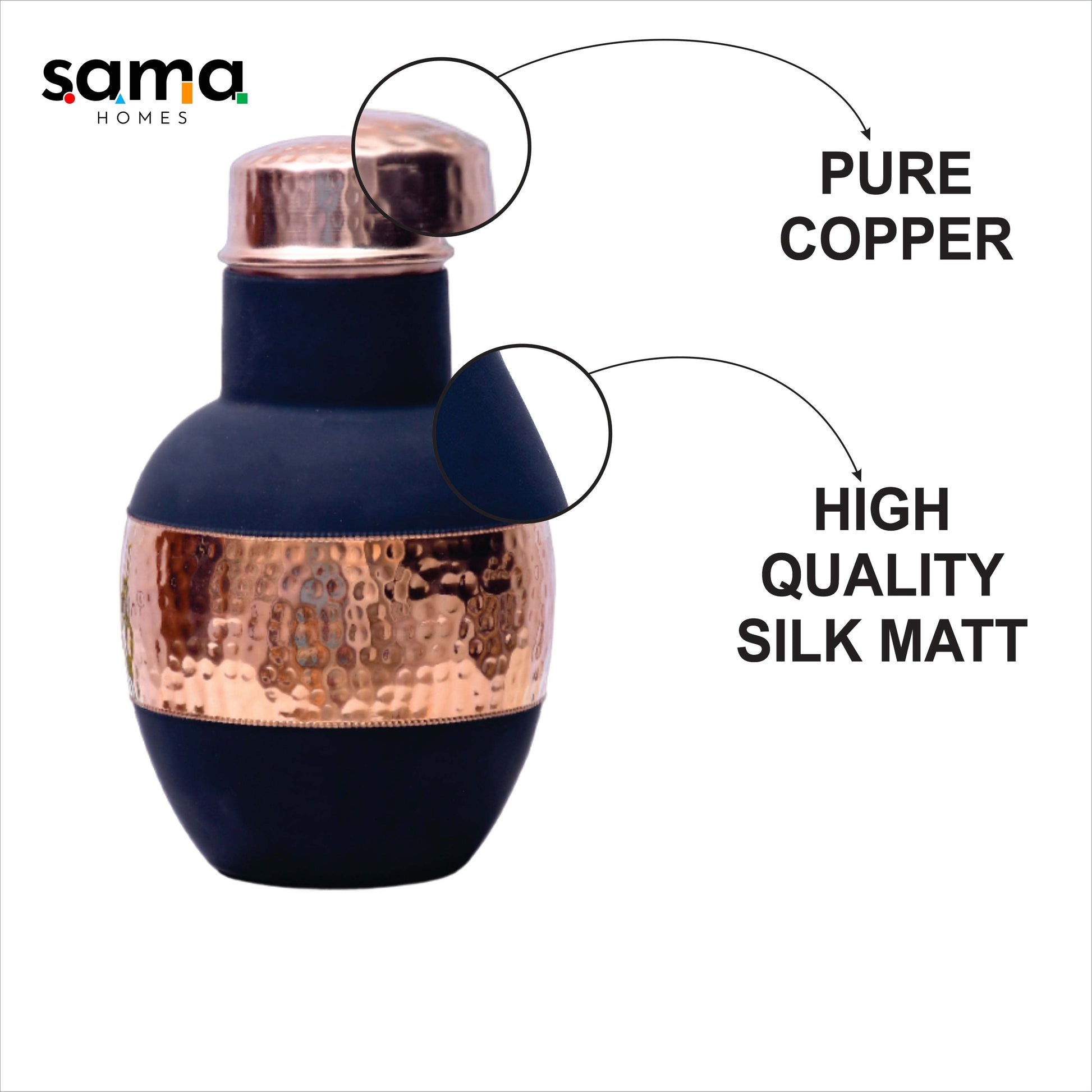 SAMA Homes - pure copper silk black apple pot with inbuilt glass capacity 1200ml