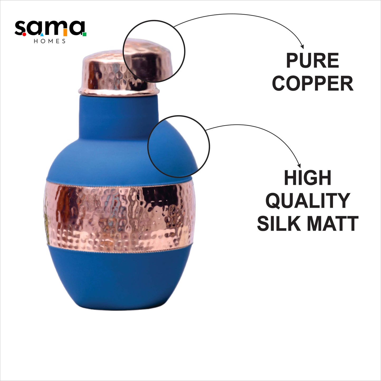 SAMA Homes - pure copper silk blue apple pot with inbuilt glass capacity 1200ml