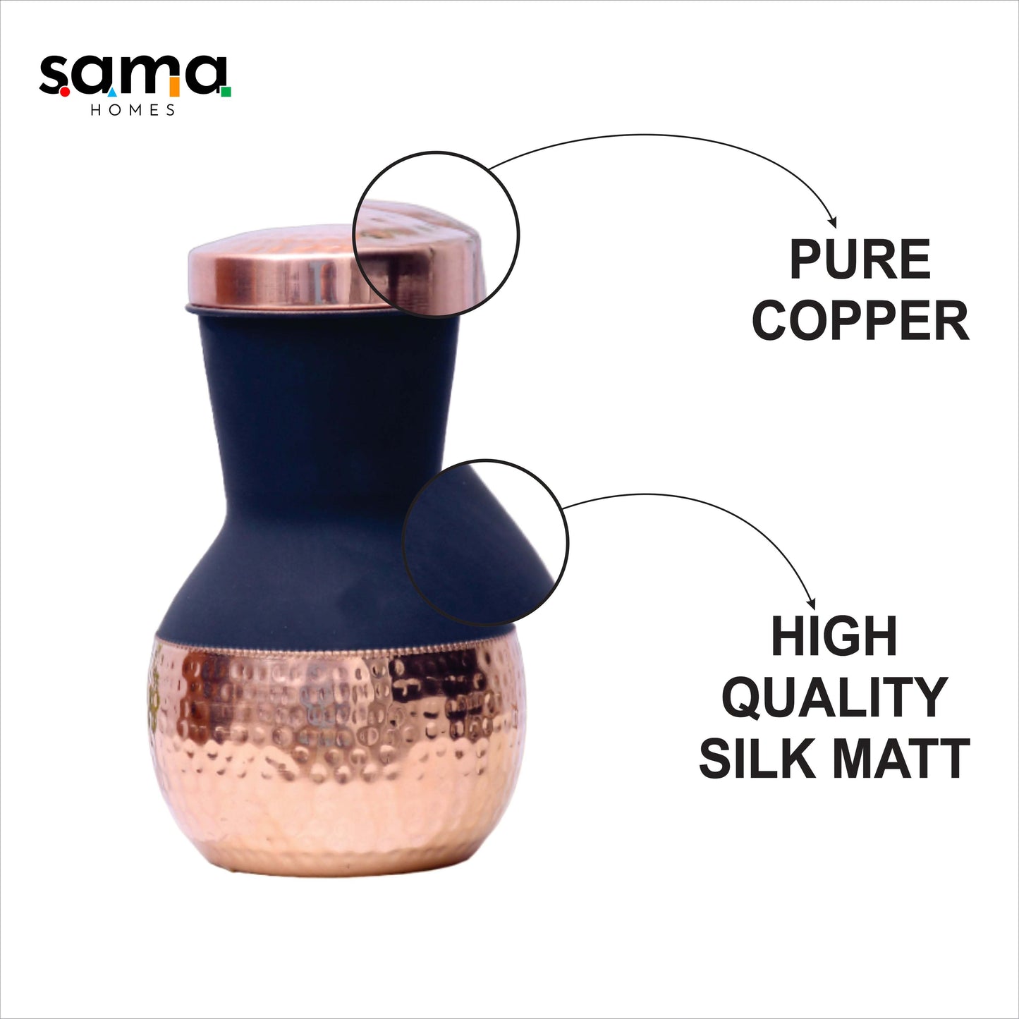 SAMA Homes - pure copper hammered colour name silk finish bedside bedroom jar with inbuilt glass