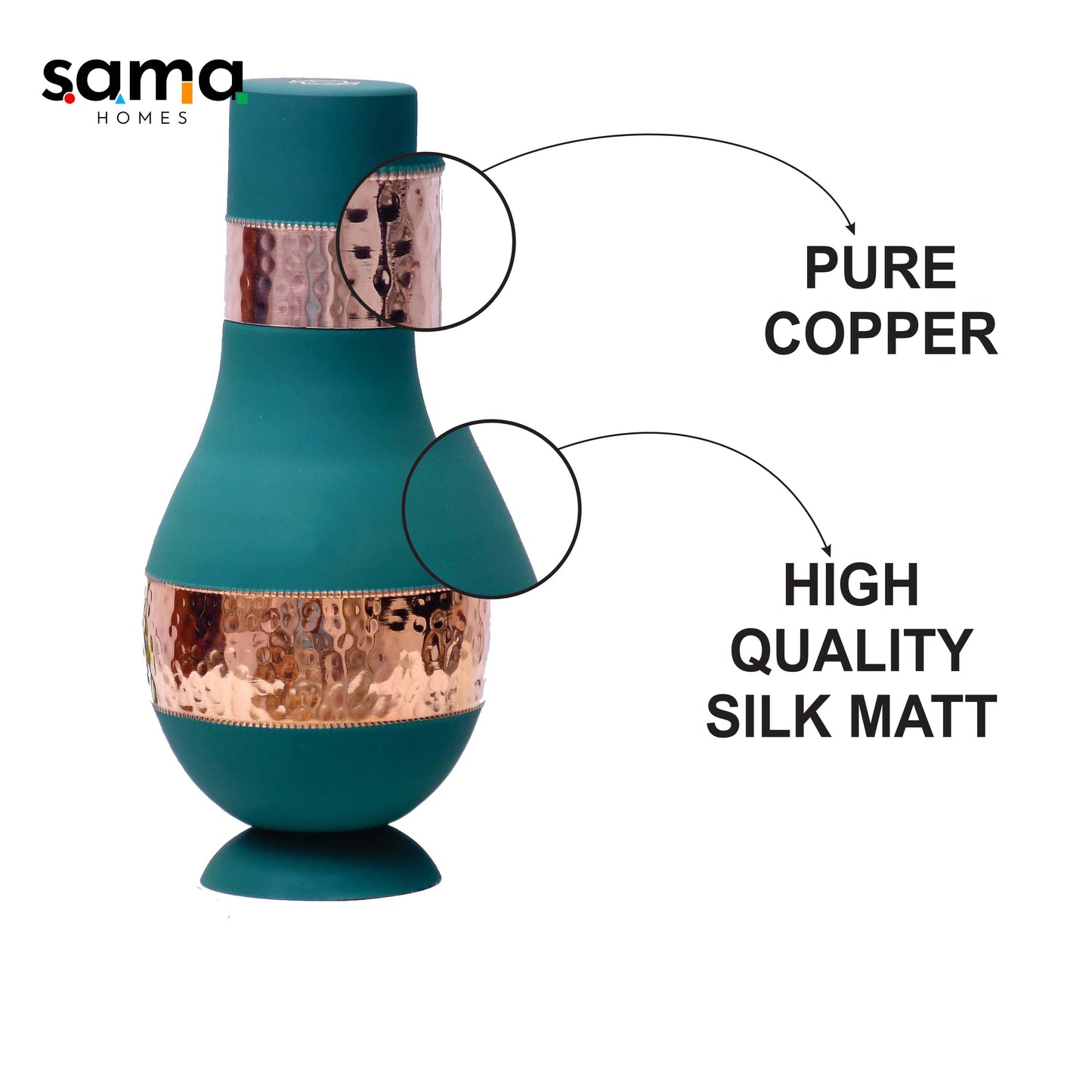 SAMA Homes - pure copper silk green modern surahi with inbuilt glass capacity 1000ml