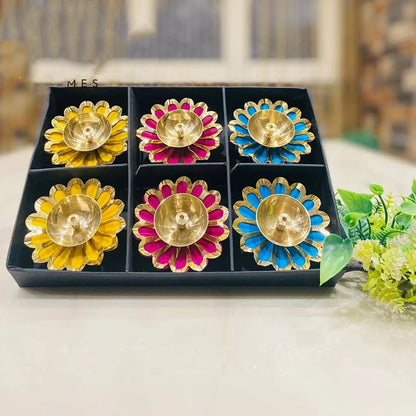 SAMA Homes - sun flower shape antique brass diwali diya set of 6 for temple pooja