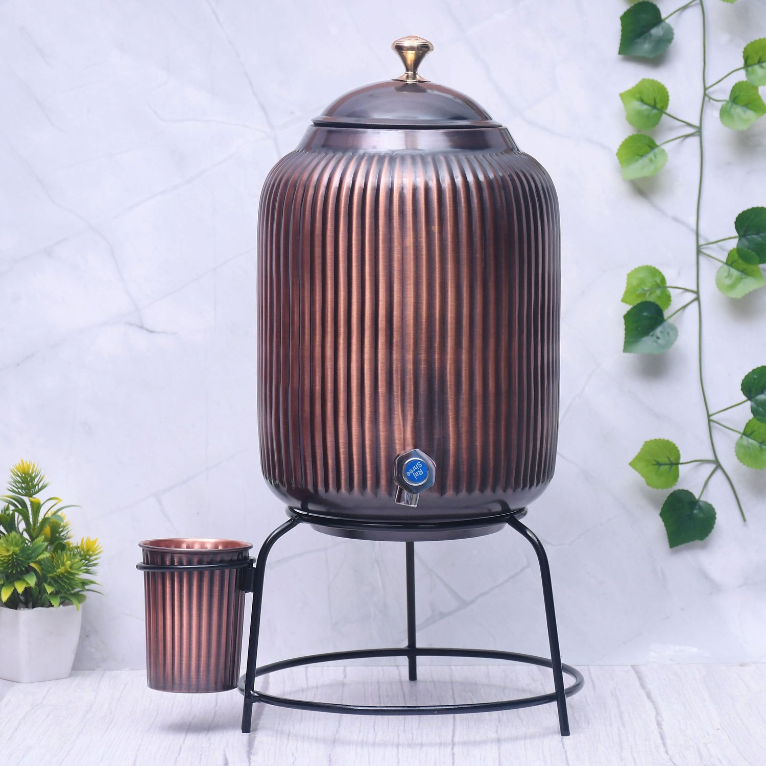 Pure Copper Water Dispenser with Glass and Stand Antique Rope Designed Combo | Premium Copper Drinkware - Sama Homes